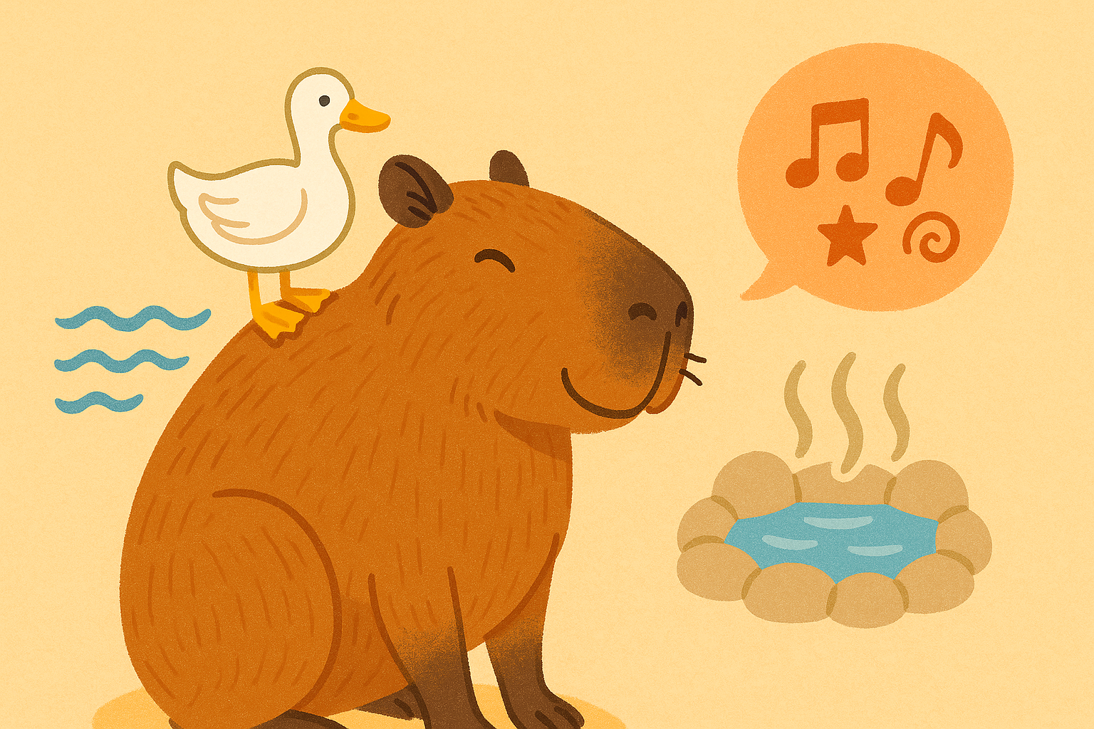 Illustration of a capybara with icons representing fun facts — duck, water, hot spring — quirky and cozy vibe.