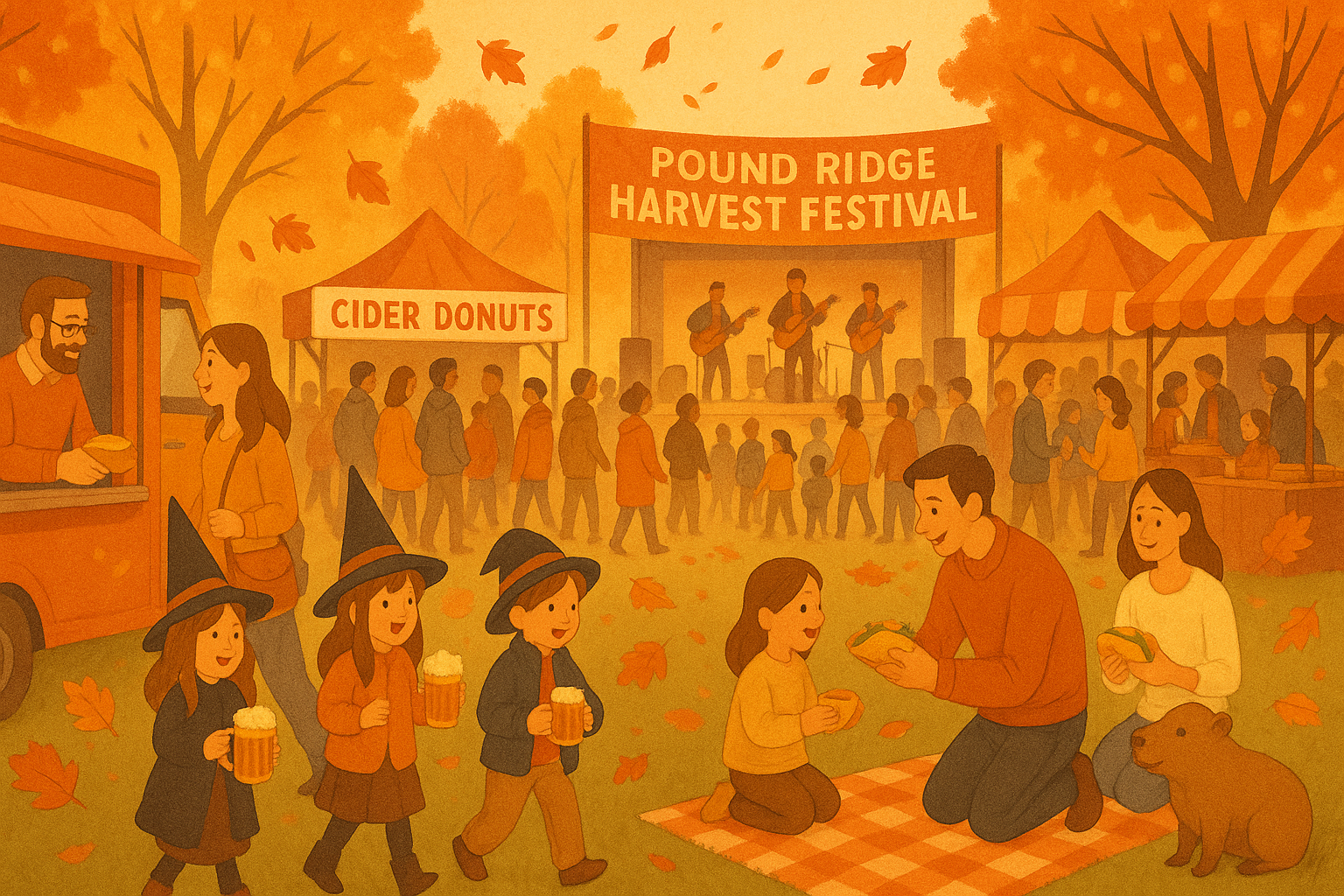 Illustration of the Pound Ridge Harvest Festival with families enjoying food trucks, cider donuts, and tacos, kids in wizard hats holding butter beer, a live music stage, autumn leaves falling, and a whimsical capybara sitting by a picnic blanket.