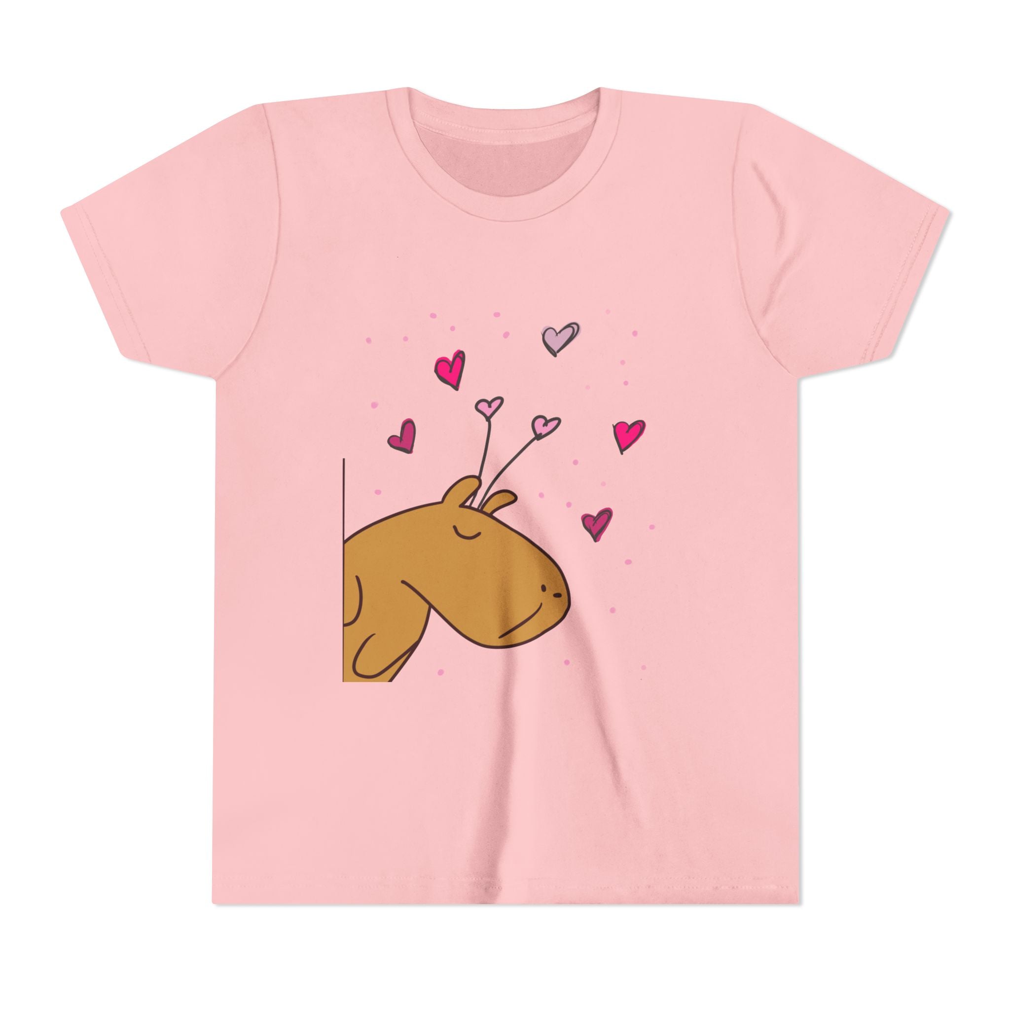 Pink t-shirt with illustration of a capybara surrounded by heart shapes and Valentine's Day-themed graphics