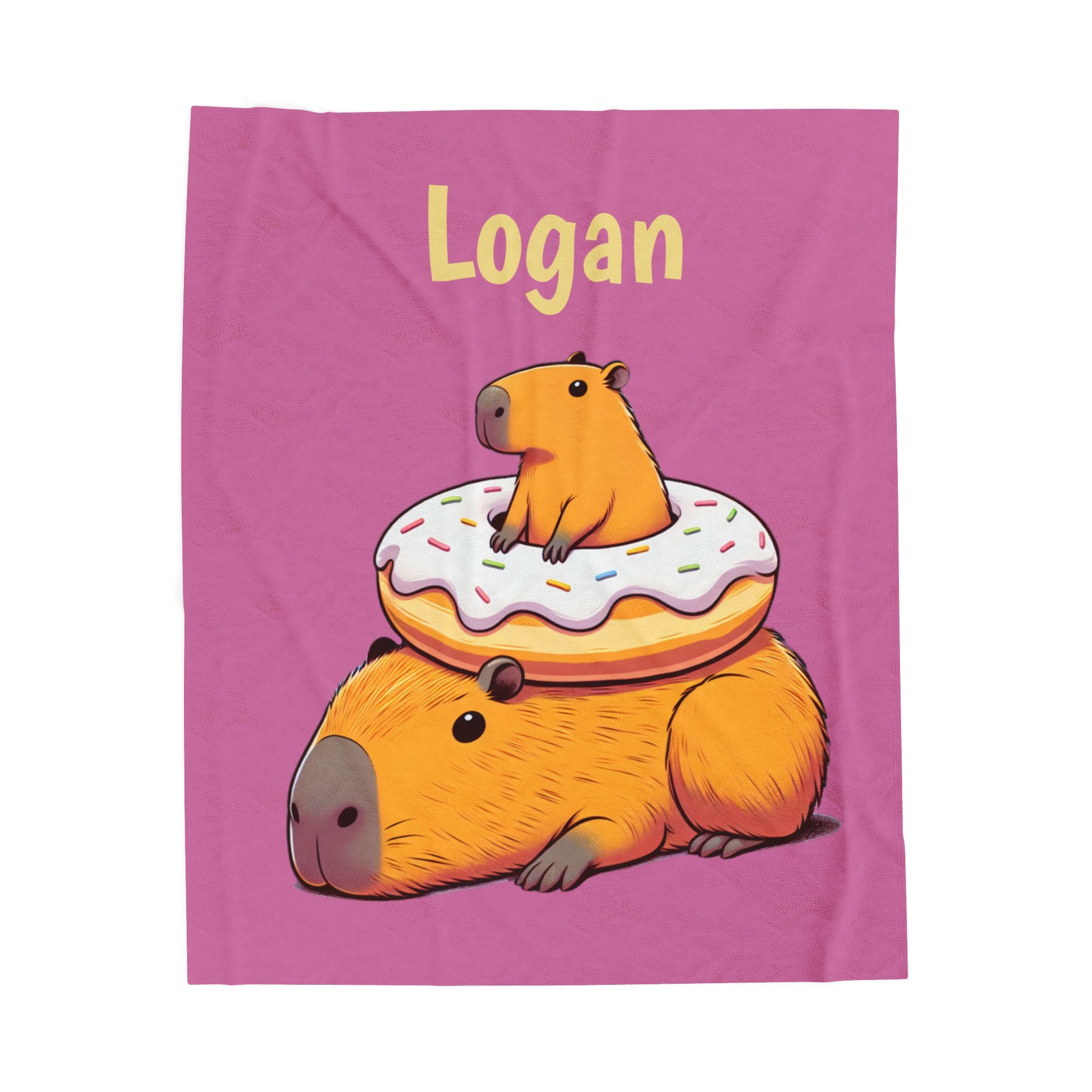 Personalized Capybara Blanket | Custom Name Kids Blanket with Donut & Baby Capybara