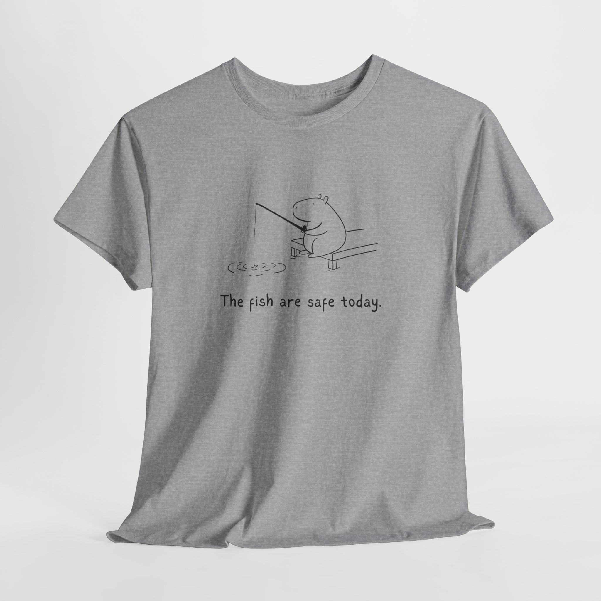 Funny Capybara Fishing T-Shirt for Adults | "The fish are safe today." Heavy Tee