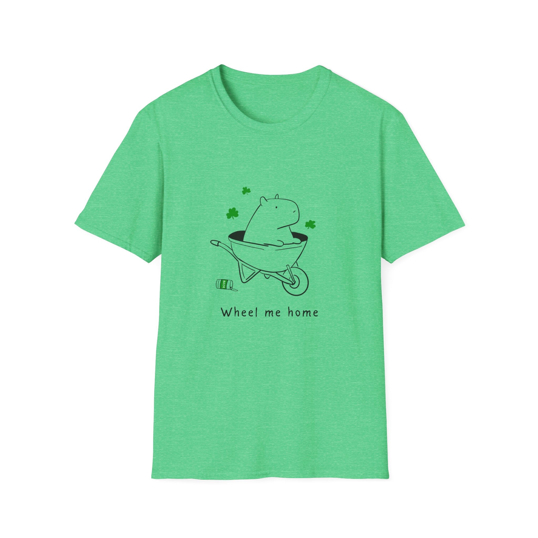 Green t-shirt with a cartoon capybara in a wheelbarrow and clover leaves, text says "Wheel me home