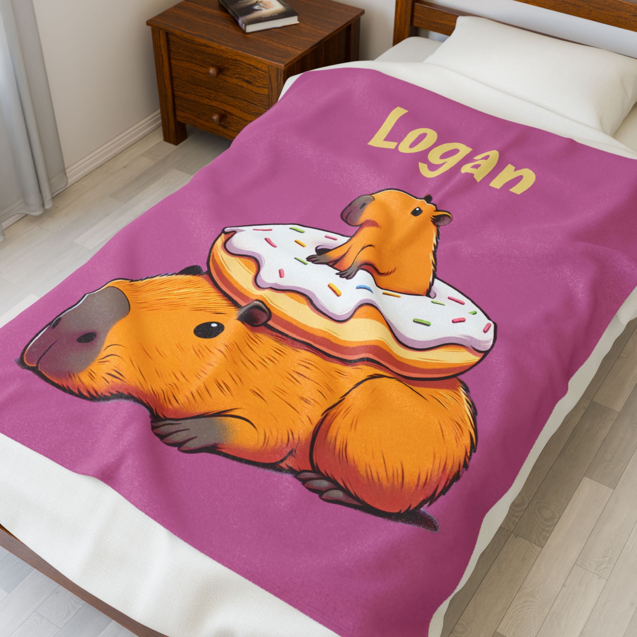Personalized Capybara Blanket | Custom Name Kids Blanket with Donut & Baby Capybara