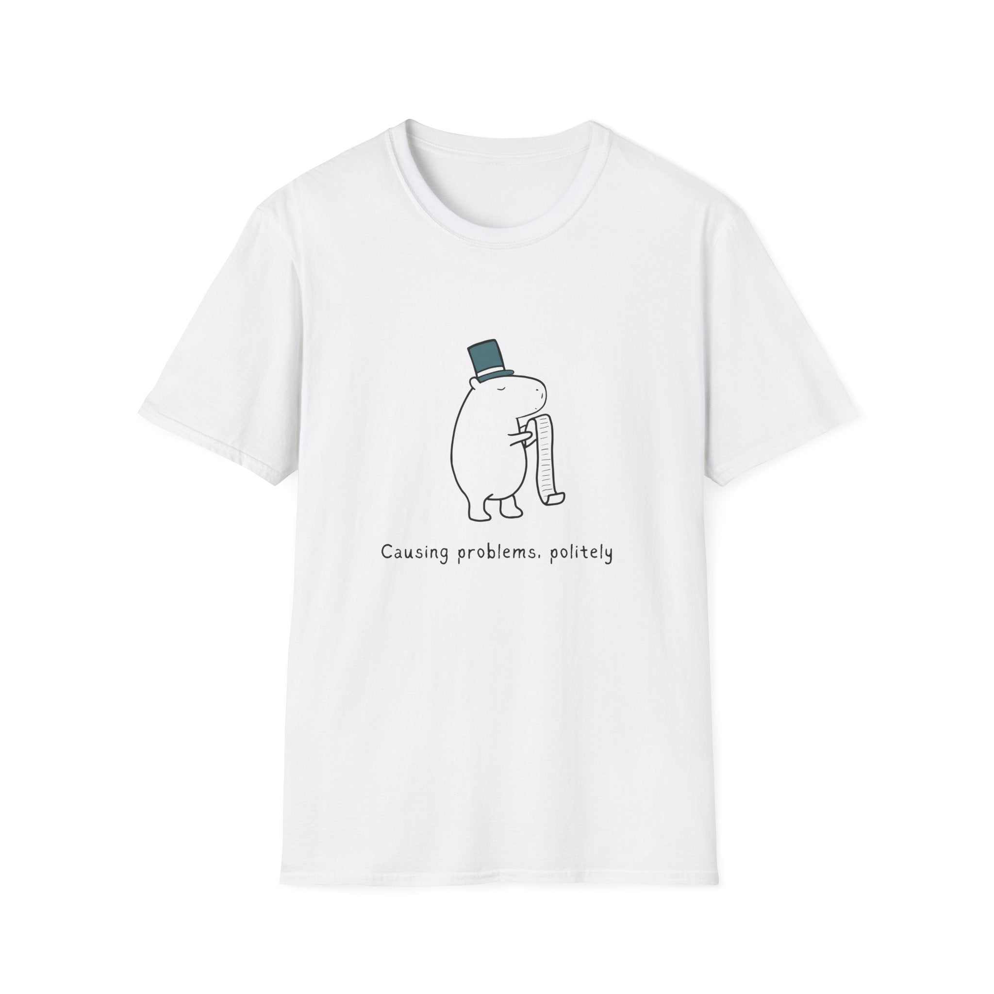 Minimalist white t-shirt featuring a cartoon capybara wearing a top hat with text "Causing problems, politely