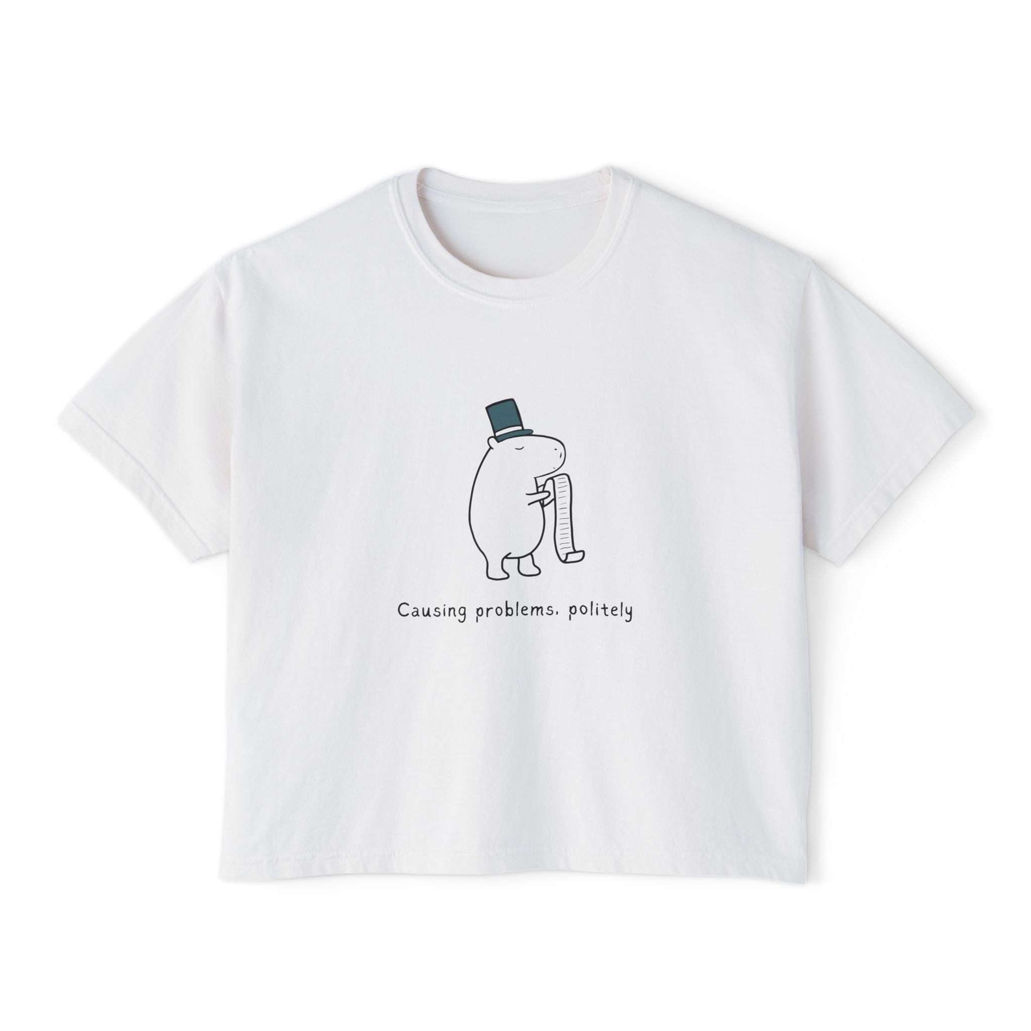 White boxy t-shirt with cartoon capybara illustration and text "Causing problems, politely