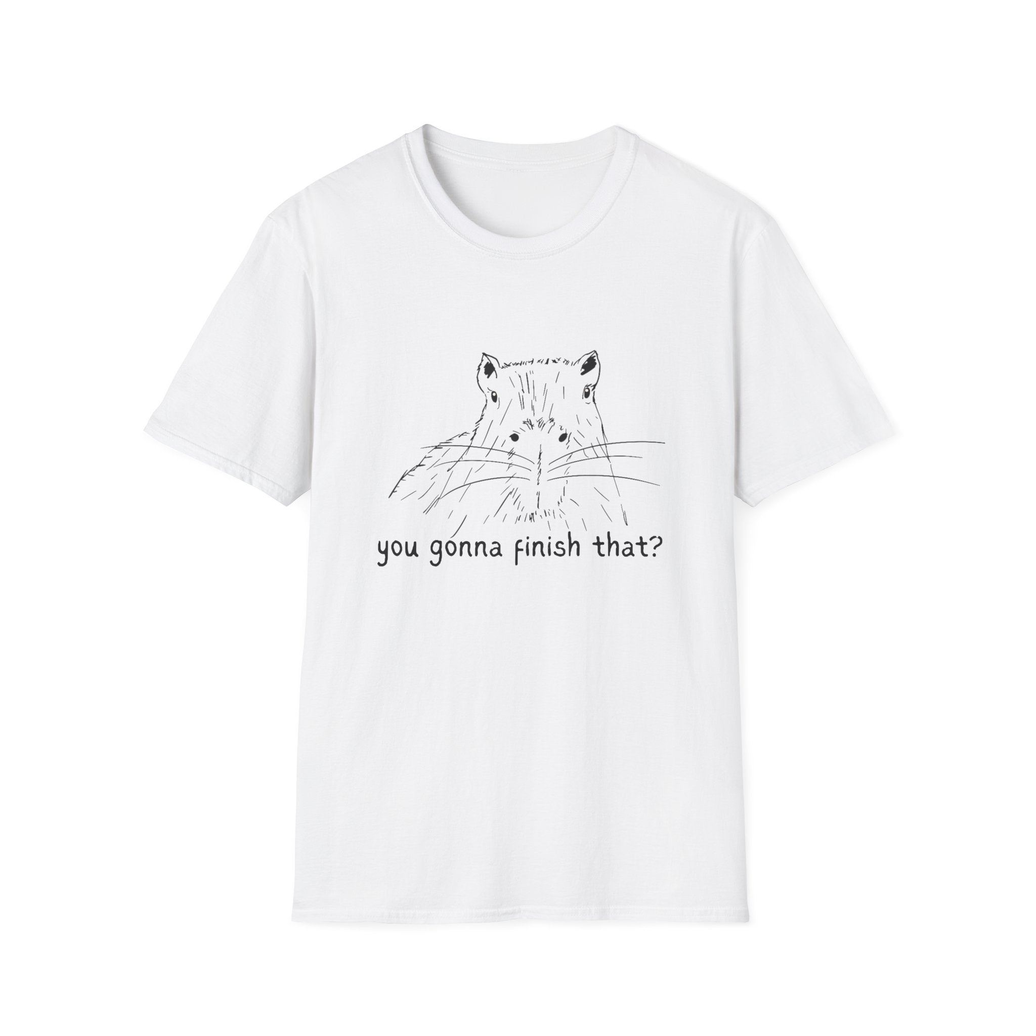 White tshirt with a hand drawn capybara and the humorous text "you gonna finish that?" on a white background
