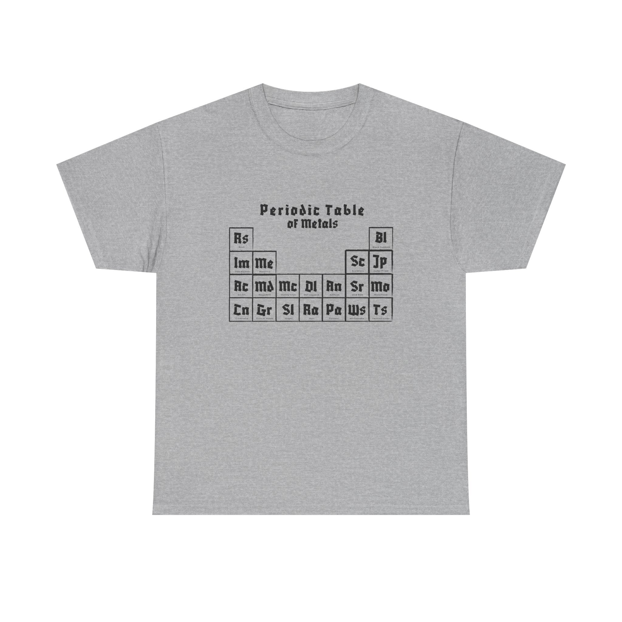 Gray t-shirt with printed periodic table of metals graphic