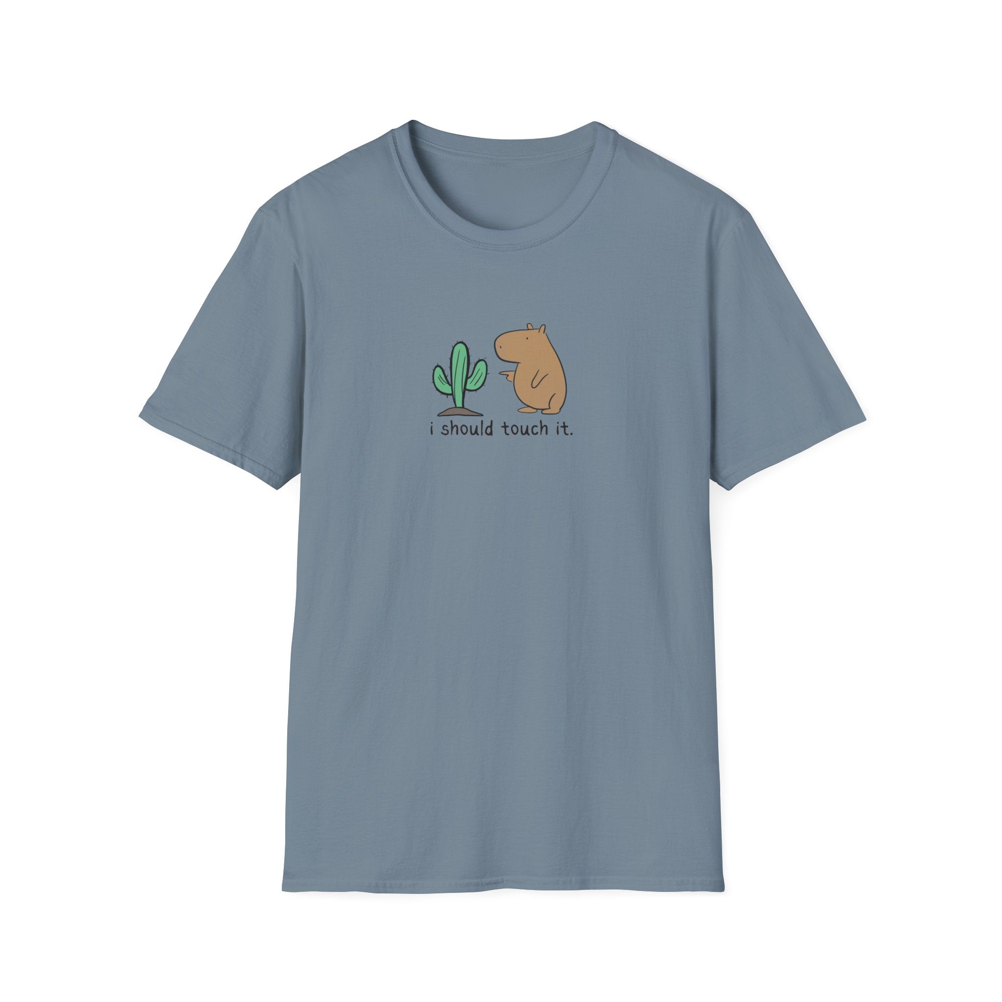 A slate blue short-sleeve t-shirt with a small graphic on the chest showing a green cactus, a brown capybara, and the text 'i should touch it.' on a plain white background.