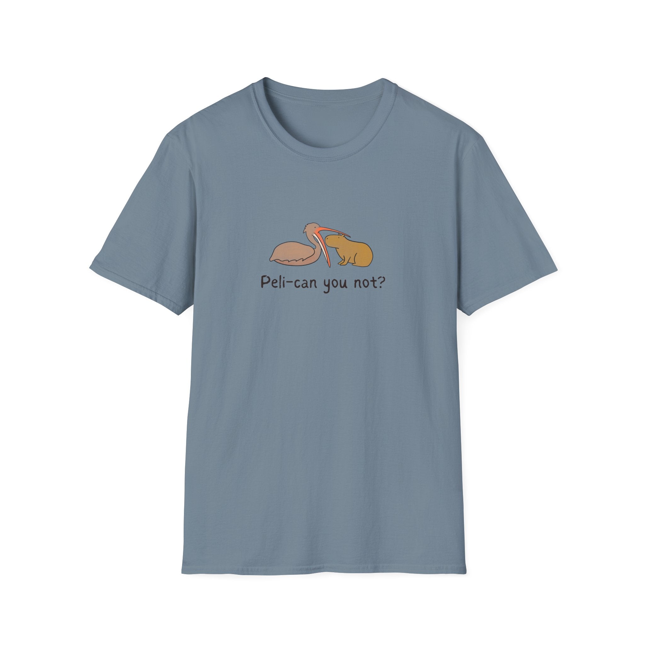 Blue t-shirt with a pelican attempting to eat a capybara and the humorous text "peli-can you not?" on it