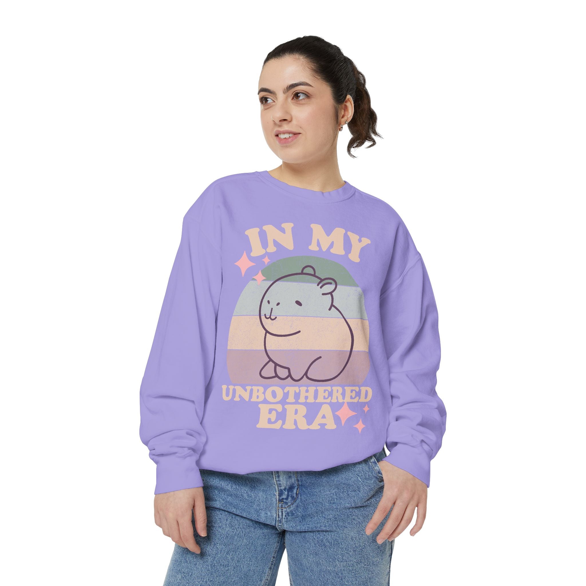 In My Unbothered Era Capybara Sweatshirt – Funny Chill Era Crewneck for Adults – Cozy Capy Life Retro Sun Design