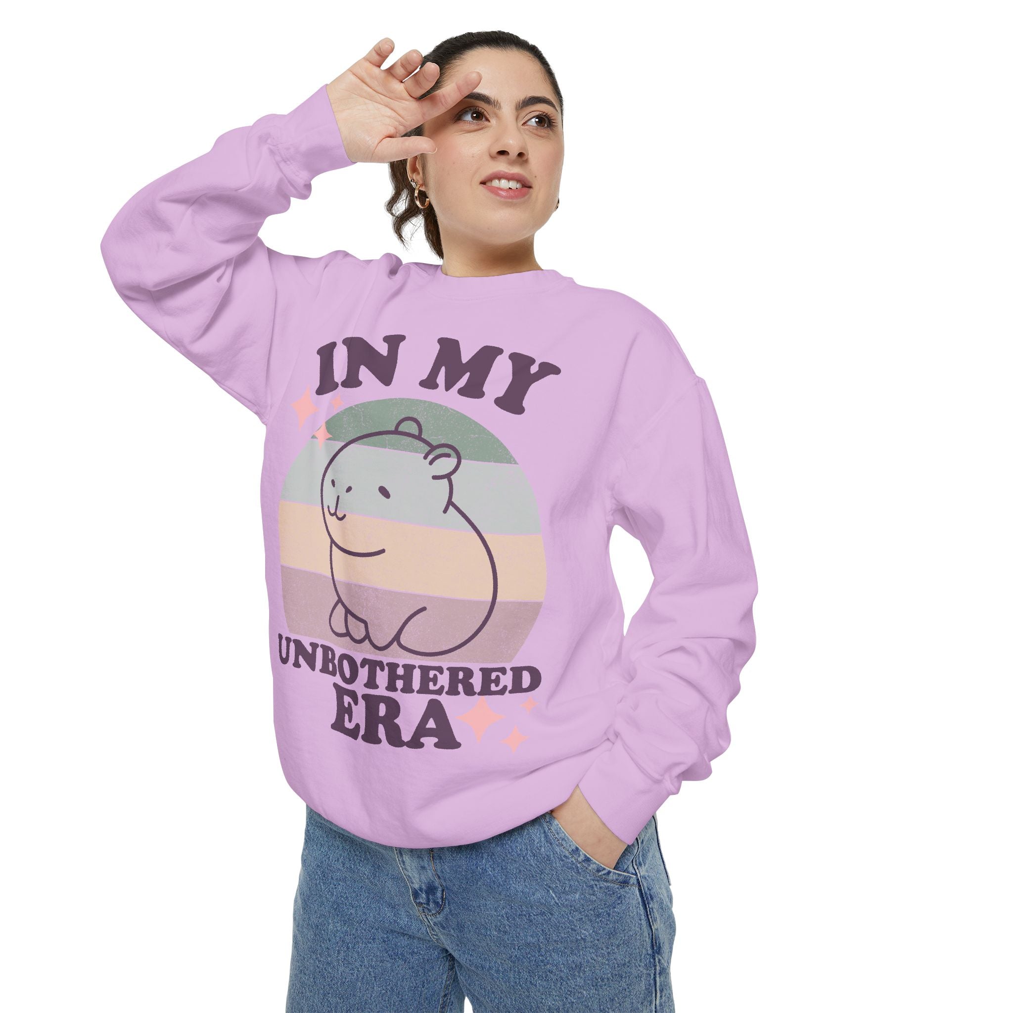 In My Unbothered Era Capybara Sweatshirt – Funny Chill Era Crewneck for Adults – Cozy Capy Life Retro Sun Design