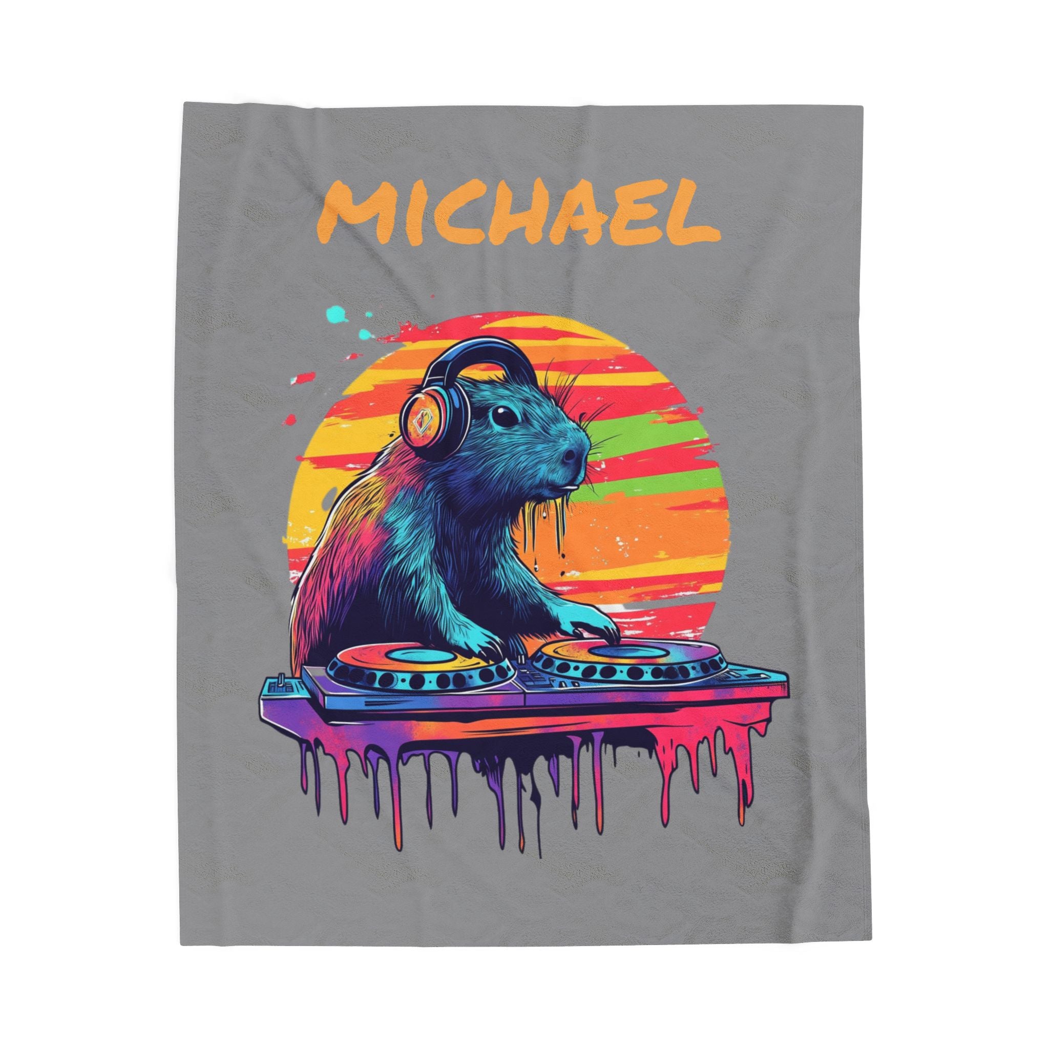 Colorful illustration of a capybara wearing headphones and using a DJ mixer against a vibrant sunset backdrop, with the name "Michael" displayed