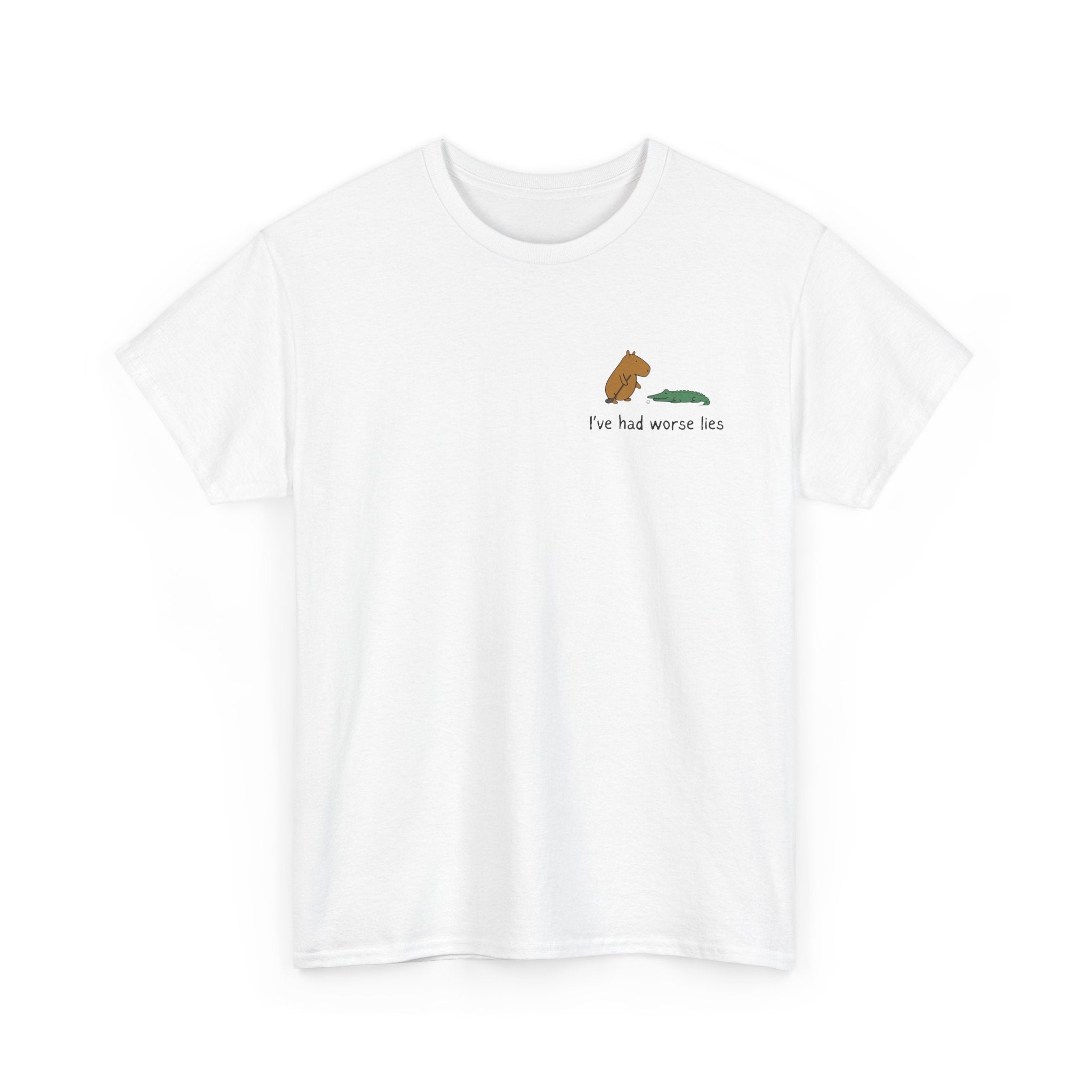 "I've had worse lies" - Funny Golf Capybara Left Logo Heavy Tee