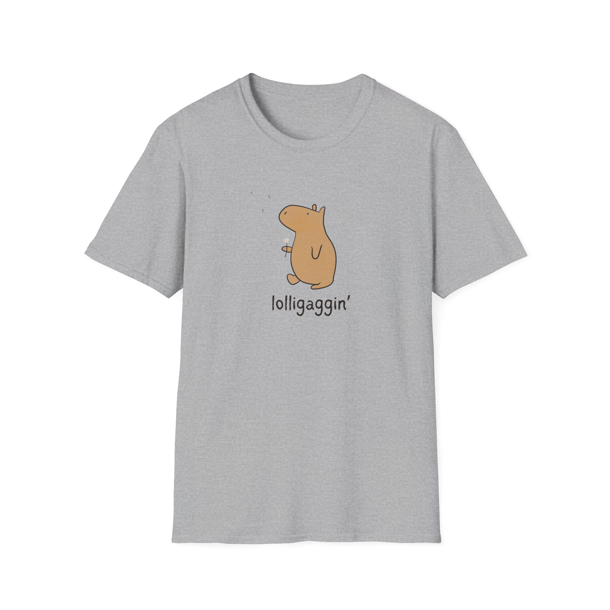 A light gray heather crewneck t-shirt featuring a cartoon capybara graphic in tan with the text 'lolligaggin'' printed below it, displayed on a clean white background.