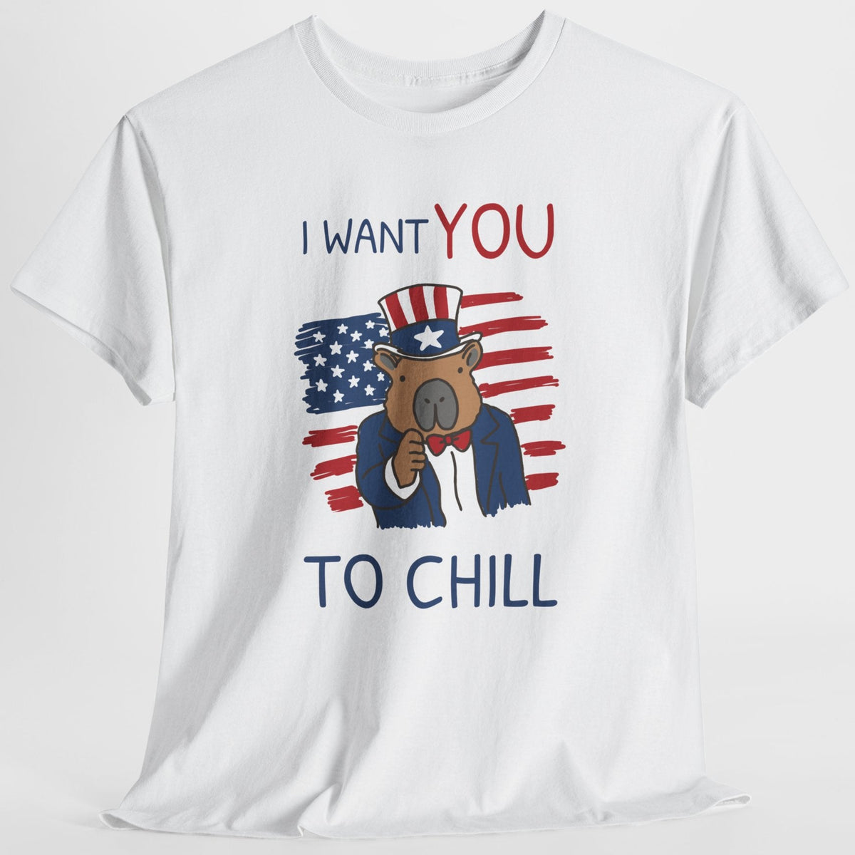 white tshirt with a capybara and the text "I want you to chill"