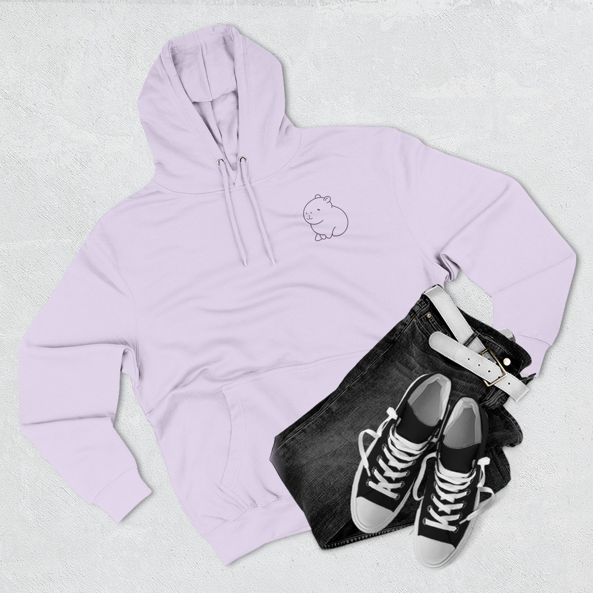 In My Unbothered Era Hoodie – Capybara Front Logo + Retro Sun Back Print – Premium Lane Seven Fleece Hoodie