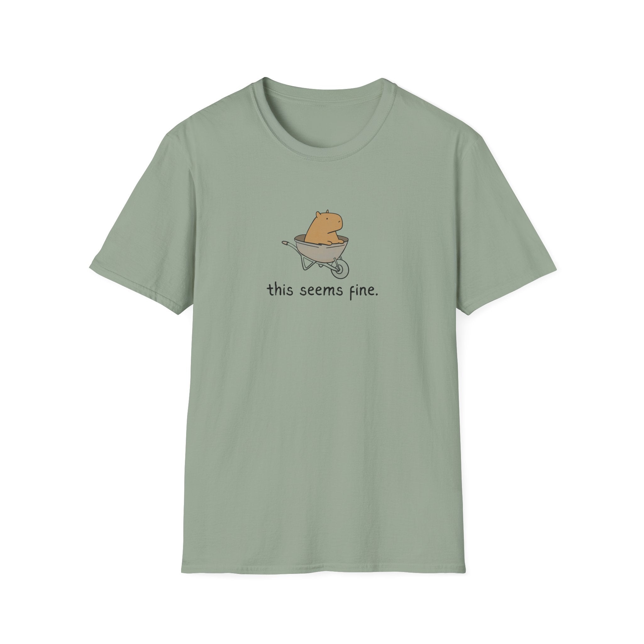 Greenvtshirt with a capybara in a wheelbarrow and the humorous text "this seems fine."