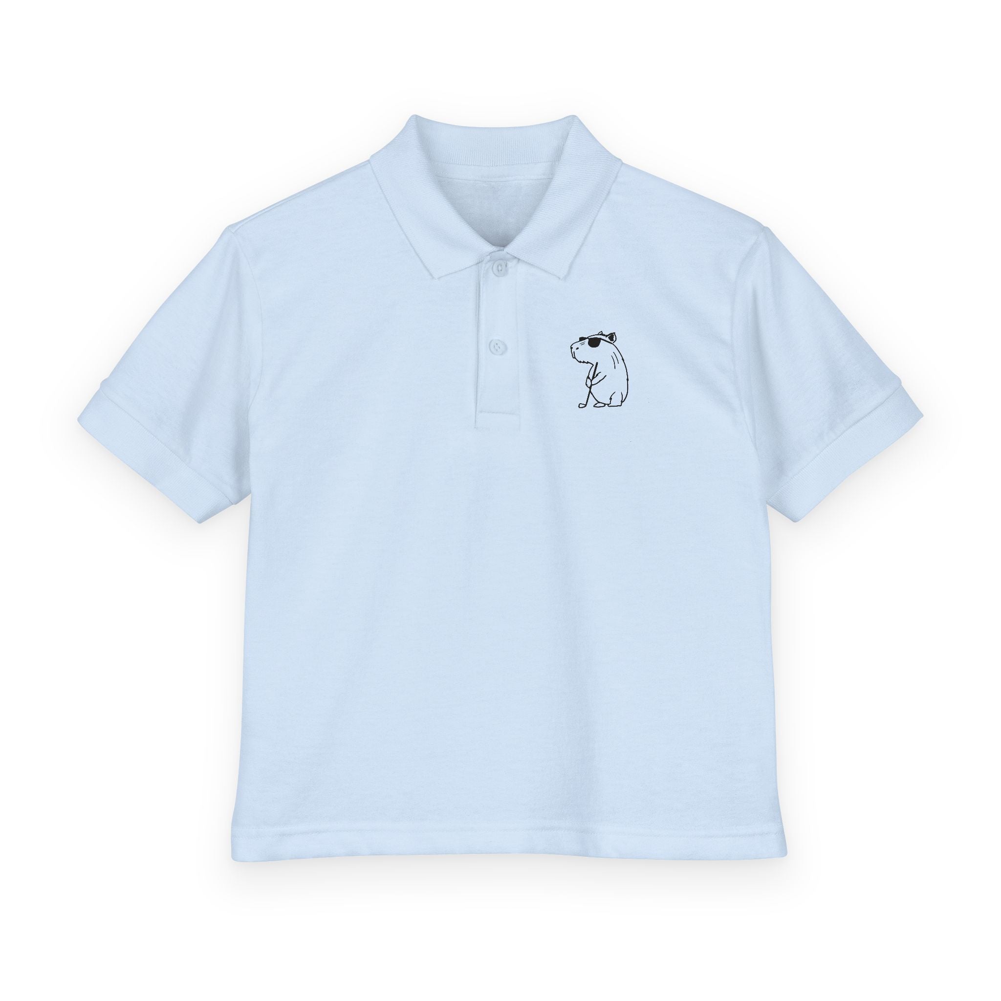 Sky blue kids golf polo shirt with embroidered capybara character graphic