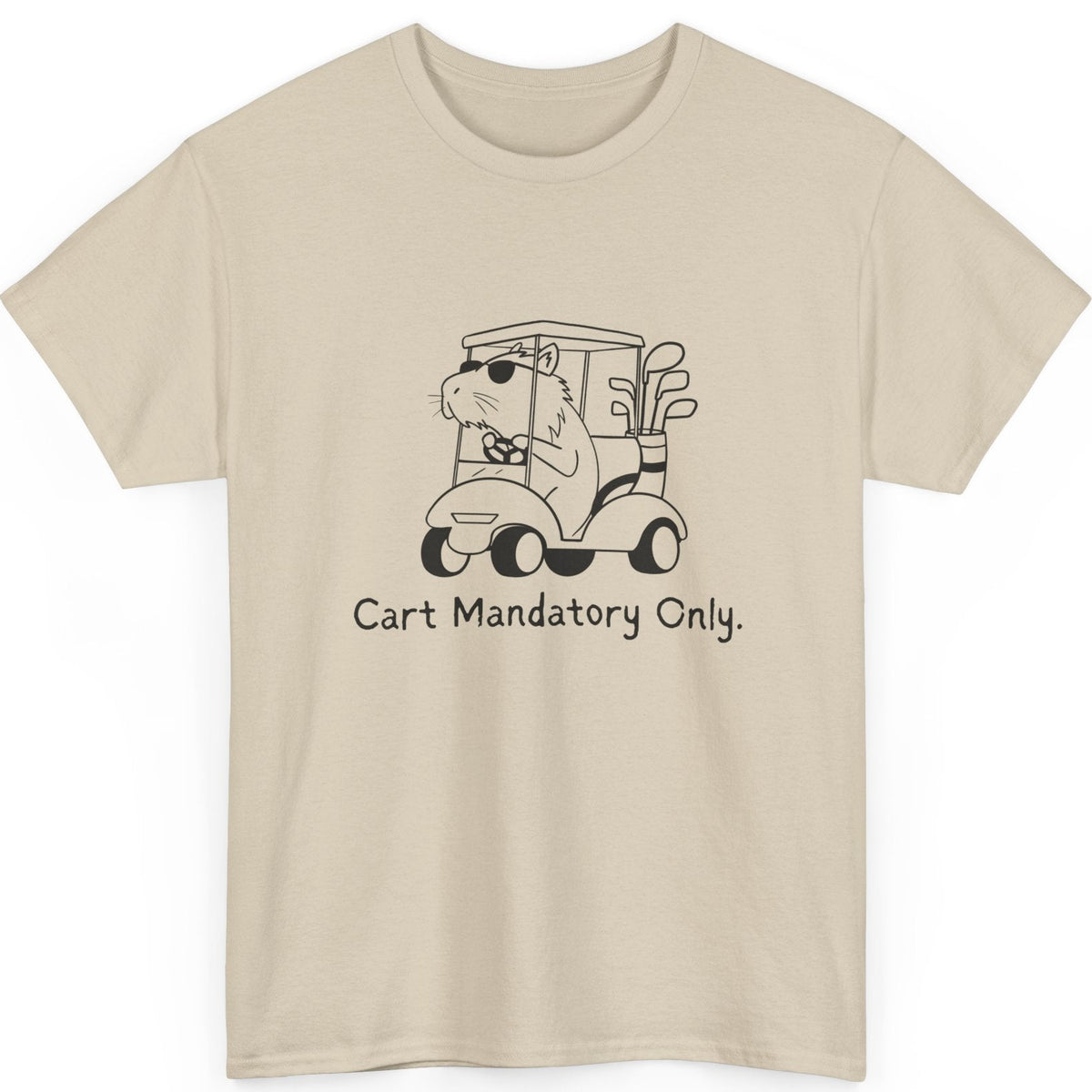 Beige t-shirt with a graphic of a capybara driving a golf cart and text 'Cart Mandatory Only.' on a white background