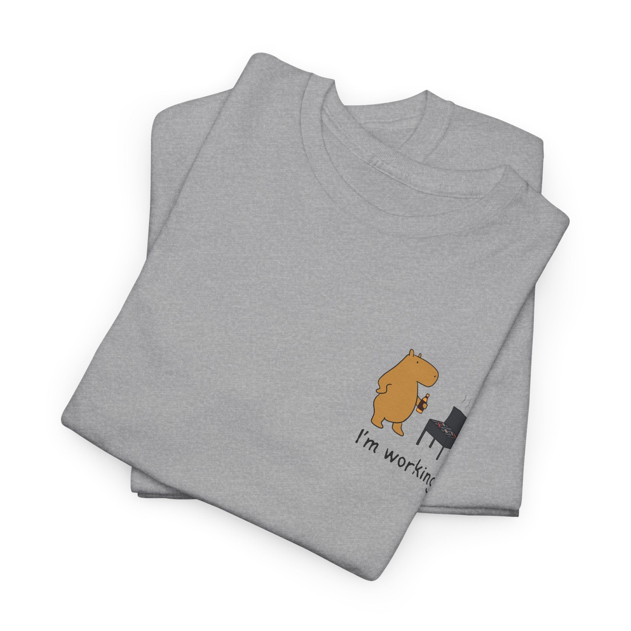"I'm working"- Funny Grilling Capybara Left Logo Heavy Tee