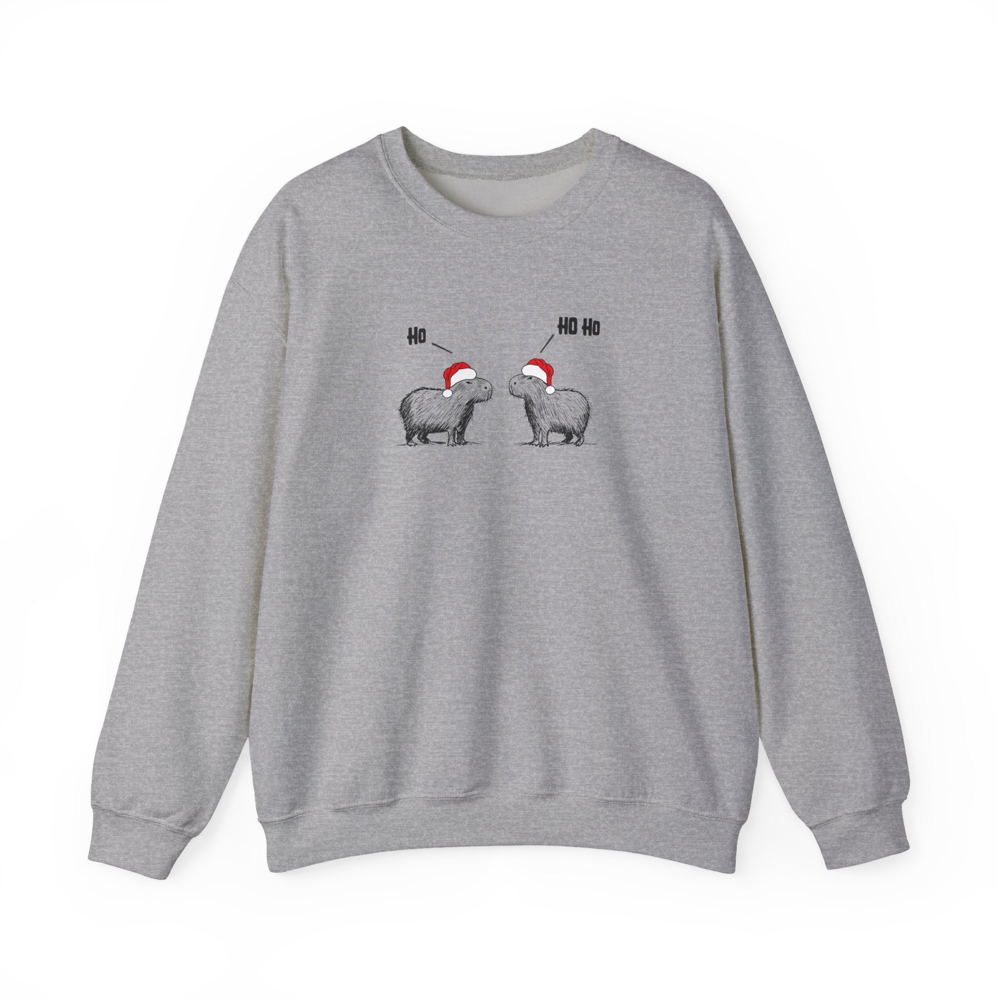 Gray crewneck sweatshirt featuring a graphic of two capybaras wearing red Santa hats facing each other with 'HO HO HO' text above them
