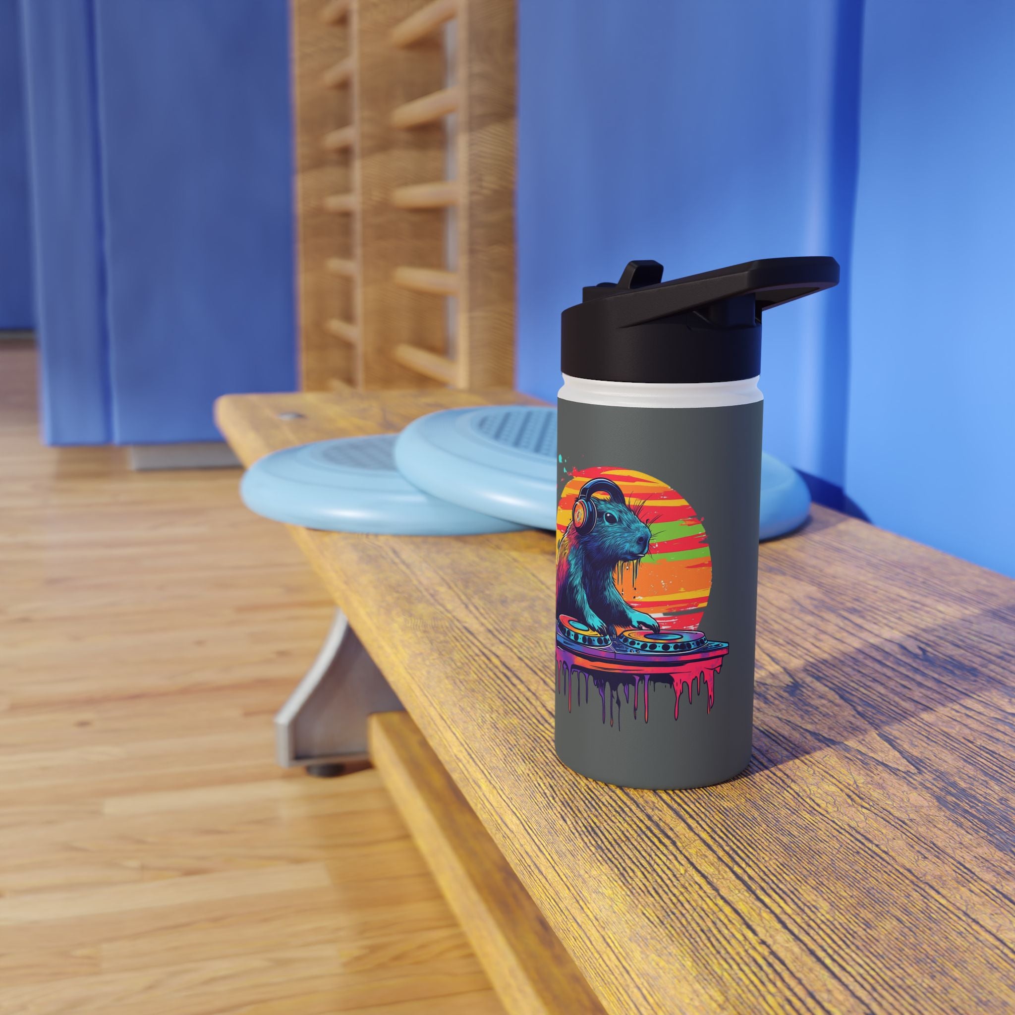 Music Lover Kids Water Bottle – DJ Capybara – Drippy Sun Design – 12oz Stainless Steel Bottle – Back to School or Birthday Gift - Matching Lunchbox