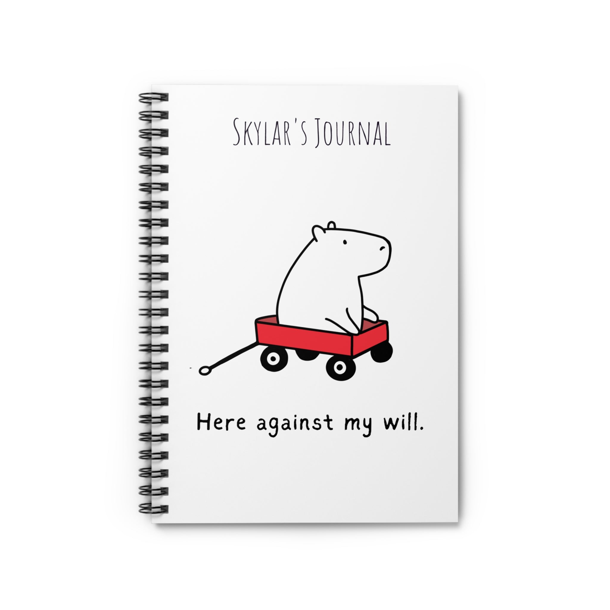 Personalized spiral-bound notebook with cute black and white capybara illustration pulling a red wagon, and "Skylar's Journal" text.
