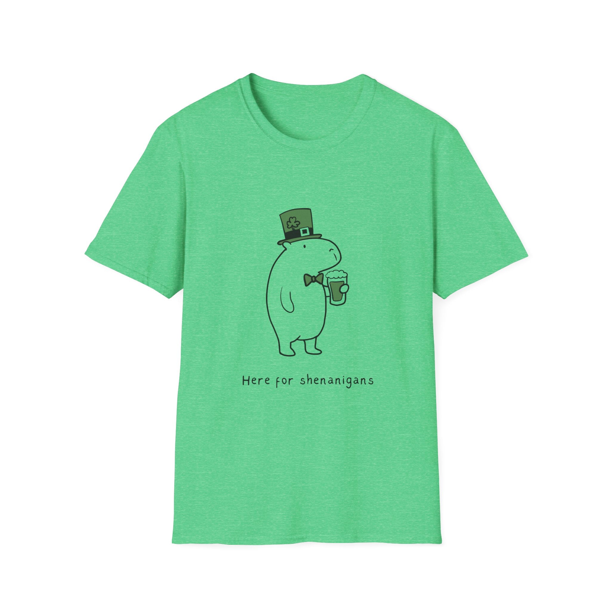 Green t-shirt with a cartoon capybara wearing a leprechaun hat and holding a beer, text "Here for shenanigans