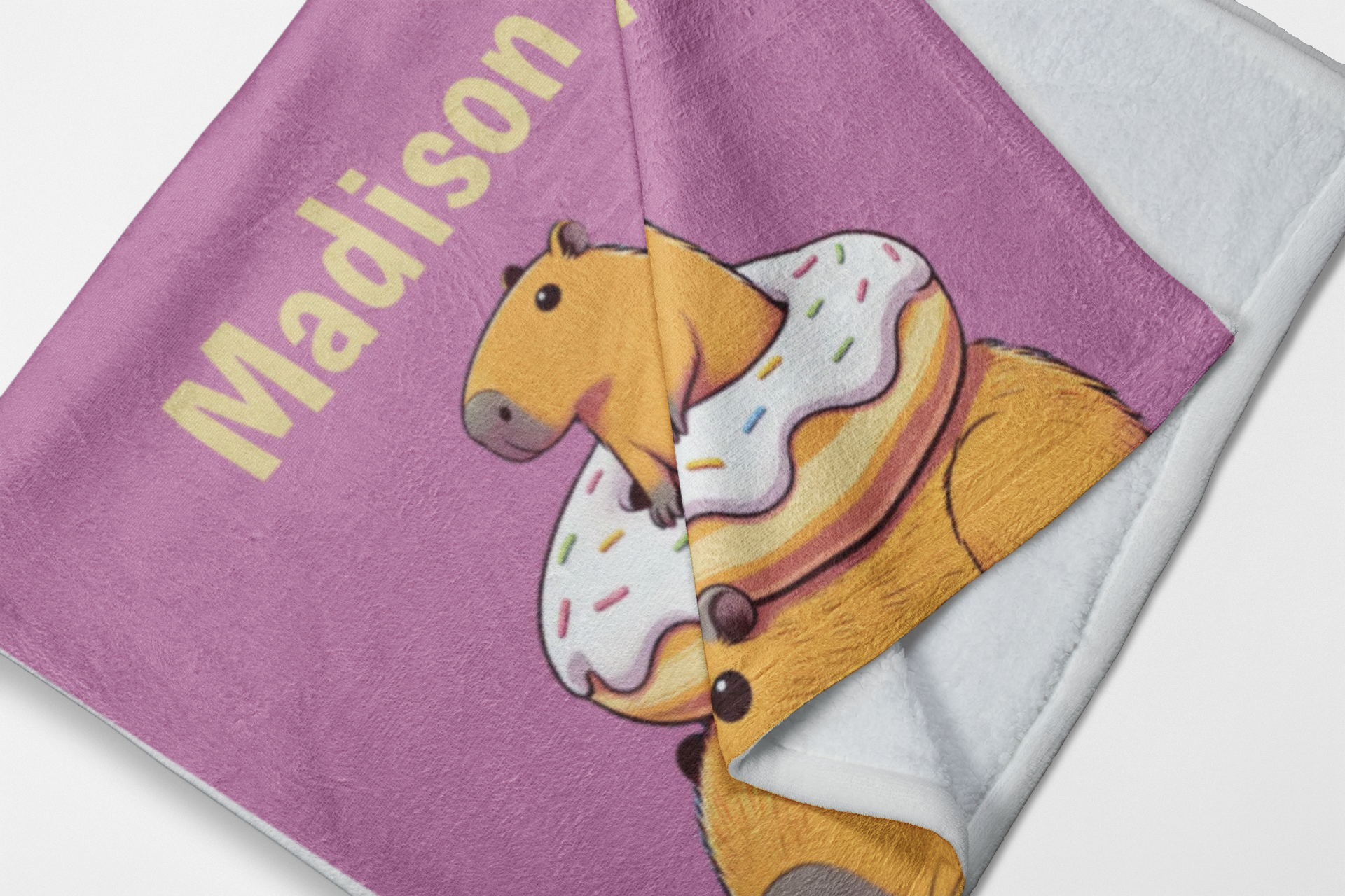 Personalized Capybara Blanket | Custom Name Kids Blanket with Donut & Baby Capybara