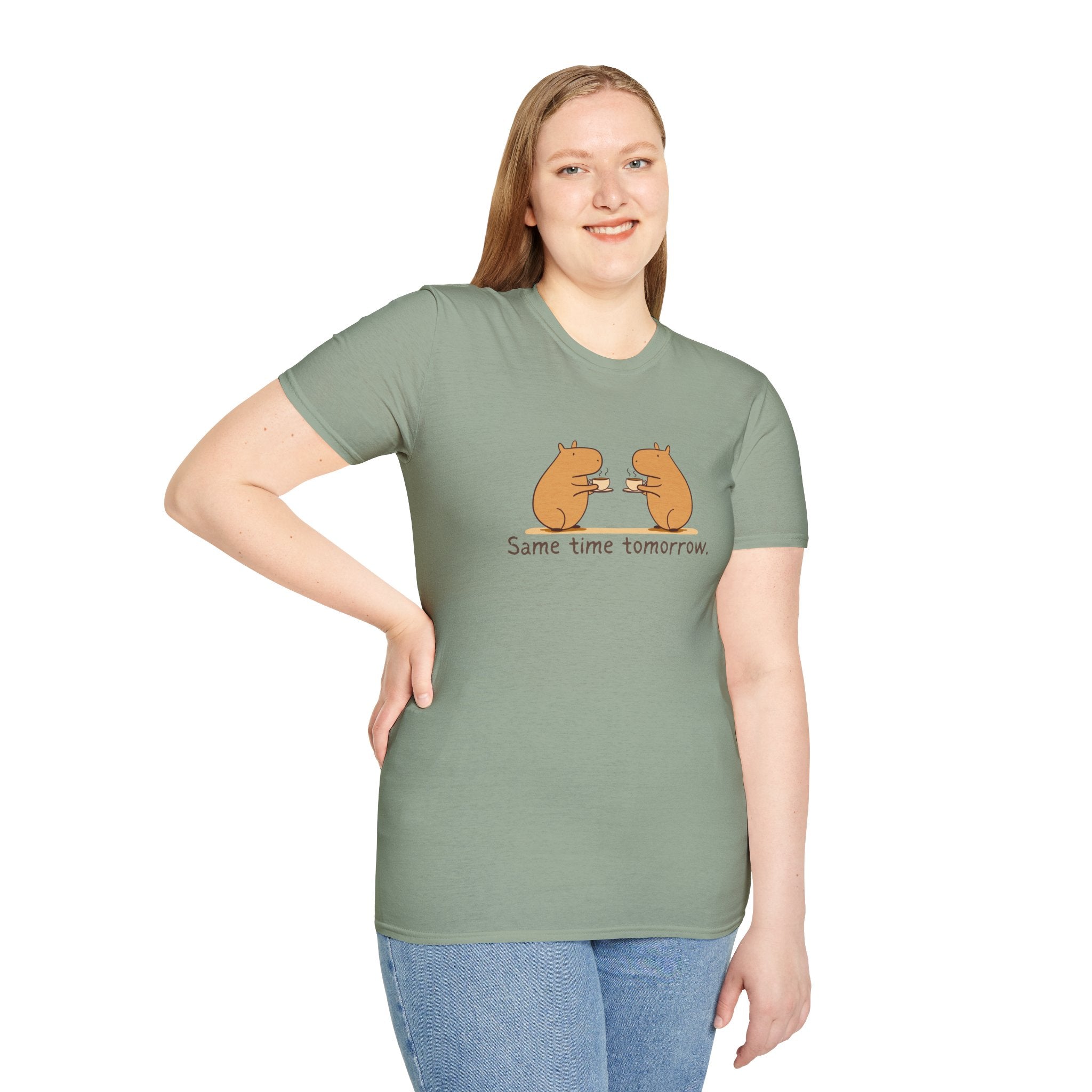 "Same Time Tomorrow" Coffee Lover Capybara Softstyle Tee