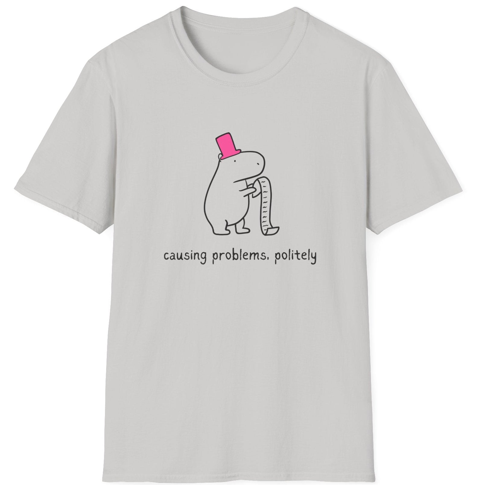 Gray t-shirt with a graphic of a capybara wearing a pink hat and text 'causing problems. politely' on a white background