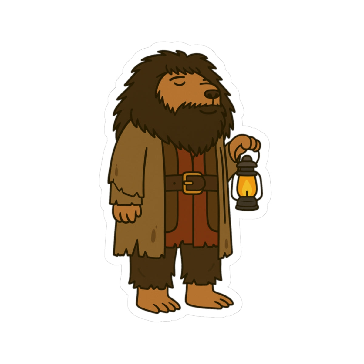 Cartoon illustration of a large, shaggy creature holding a lantern, wearing a robe with a belt, on a transparent background