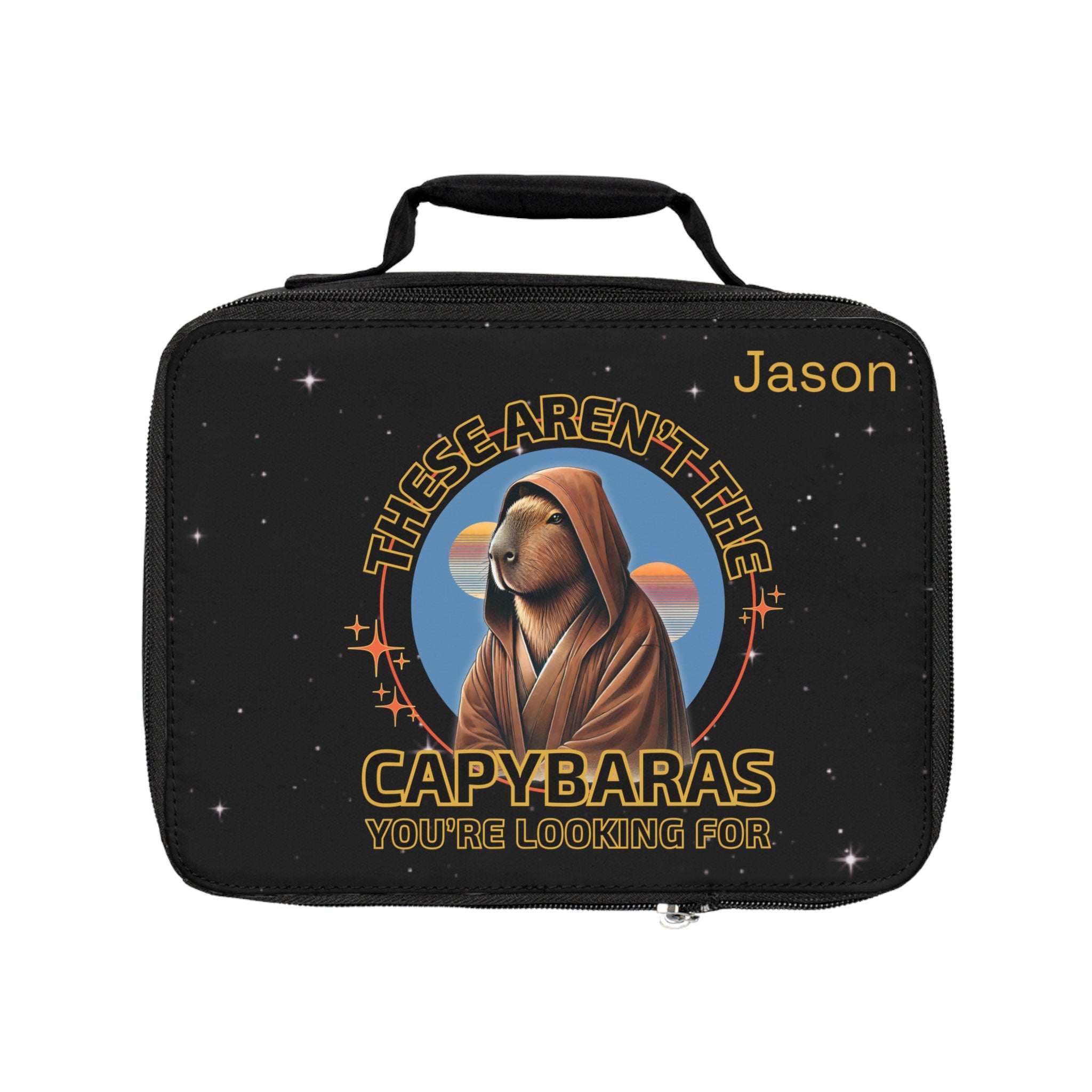 Black lunchbox with Star Wars-inspired Capybaras graphic and personalized name "Jason