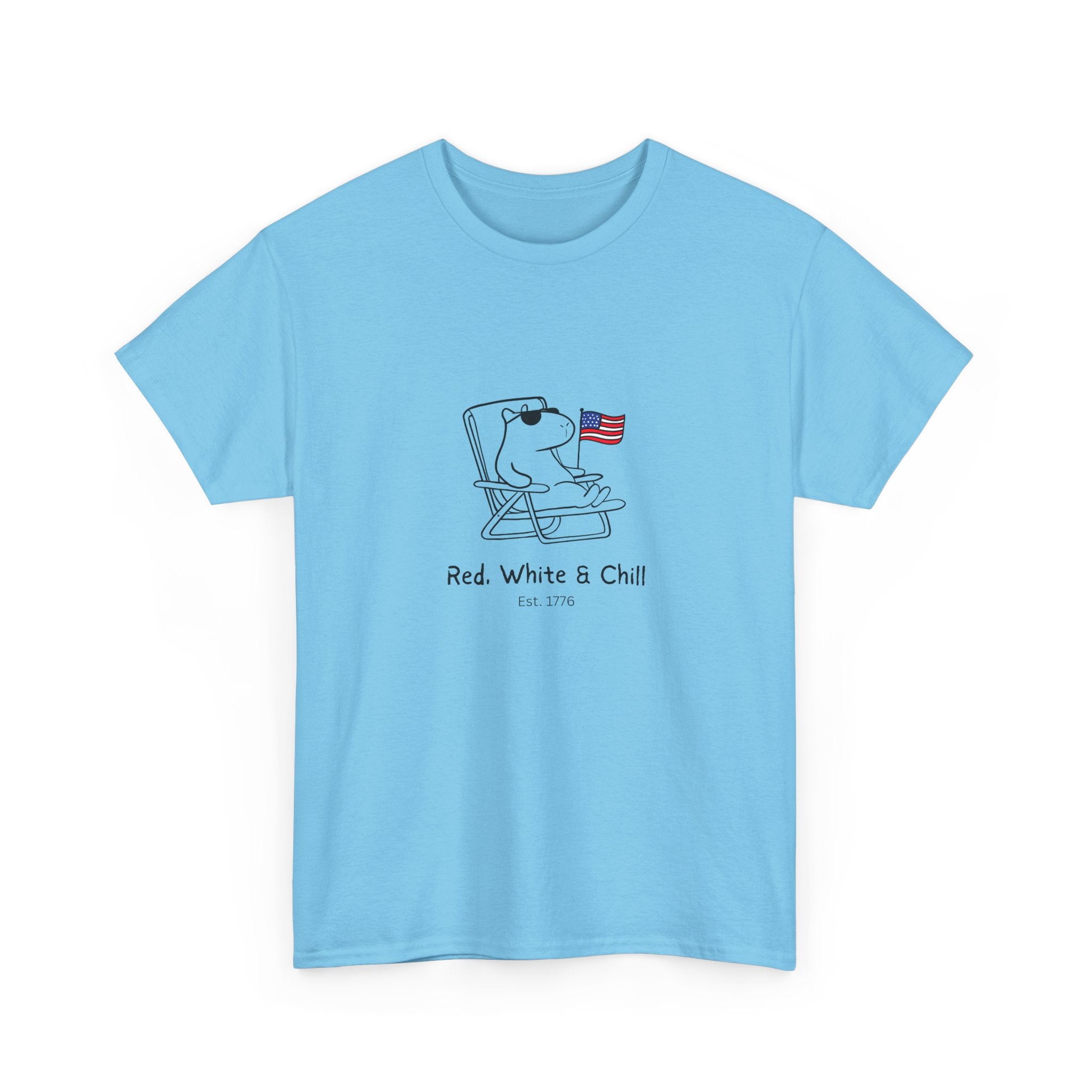Light blue t-shirt with a graphic of a capybara in a chair and an American flag, text 'Red. White & Chill.