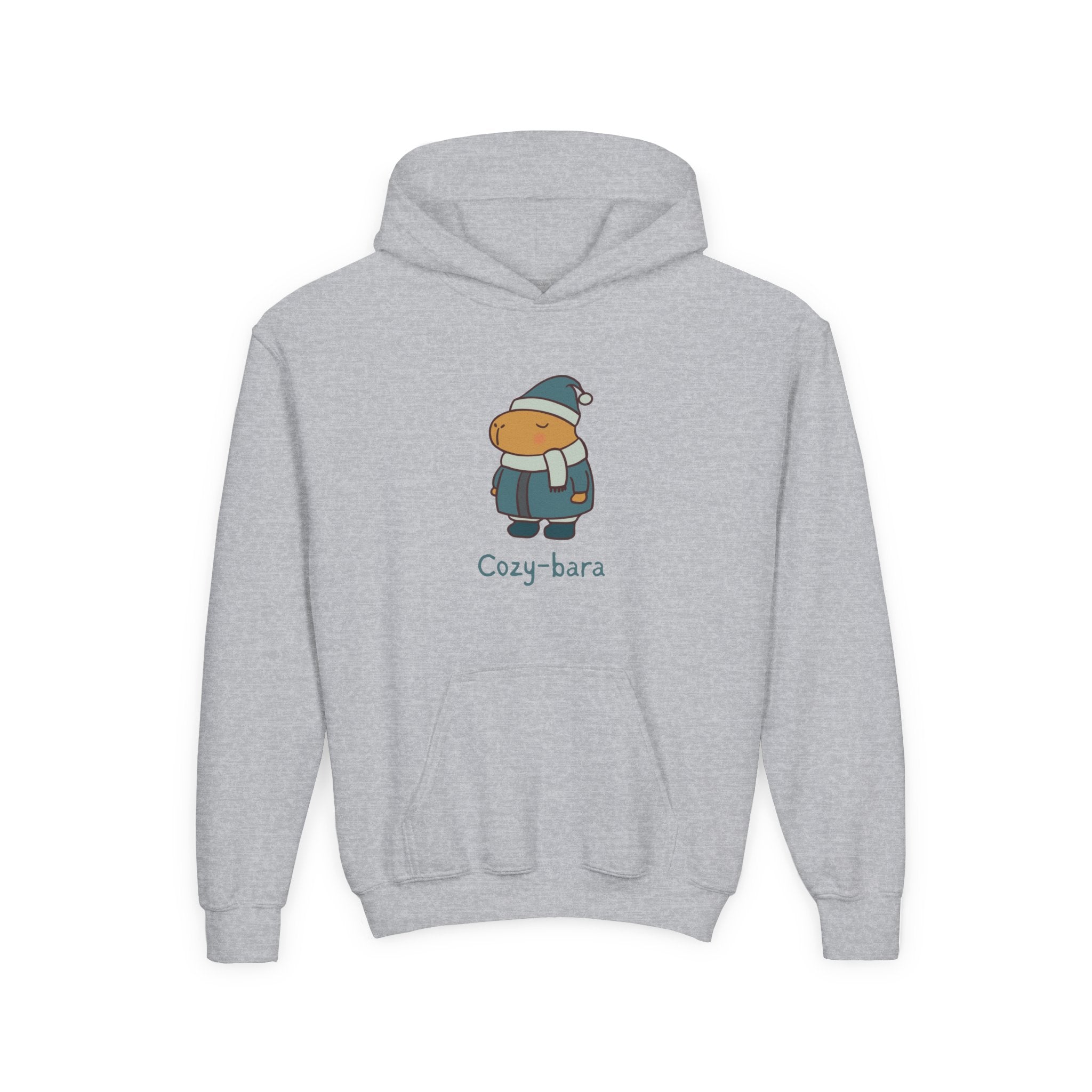Gray hoodie with a cute cartoon capybara character wearing a winter hat and scarf, text "Cozy-bara