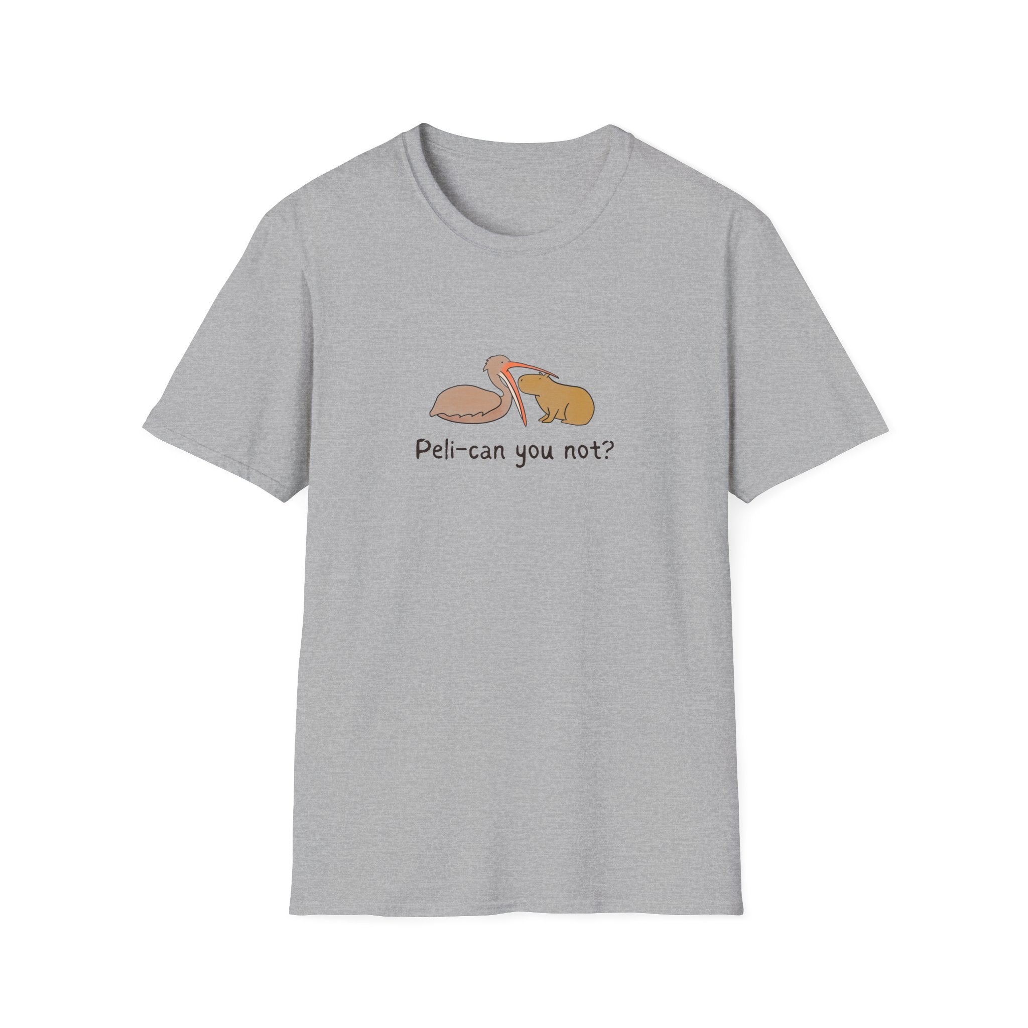 Gray t-shirt with a pelican attempting to eat a capybara and the humorous text "peli-can you not?" on it