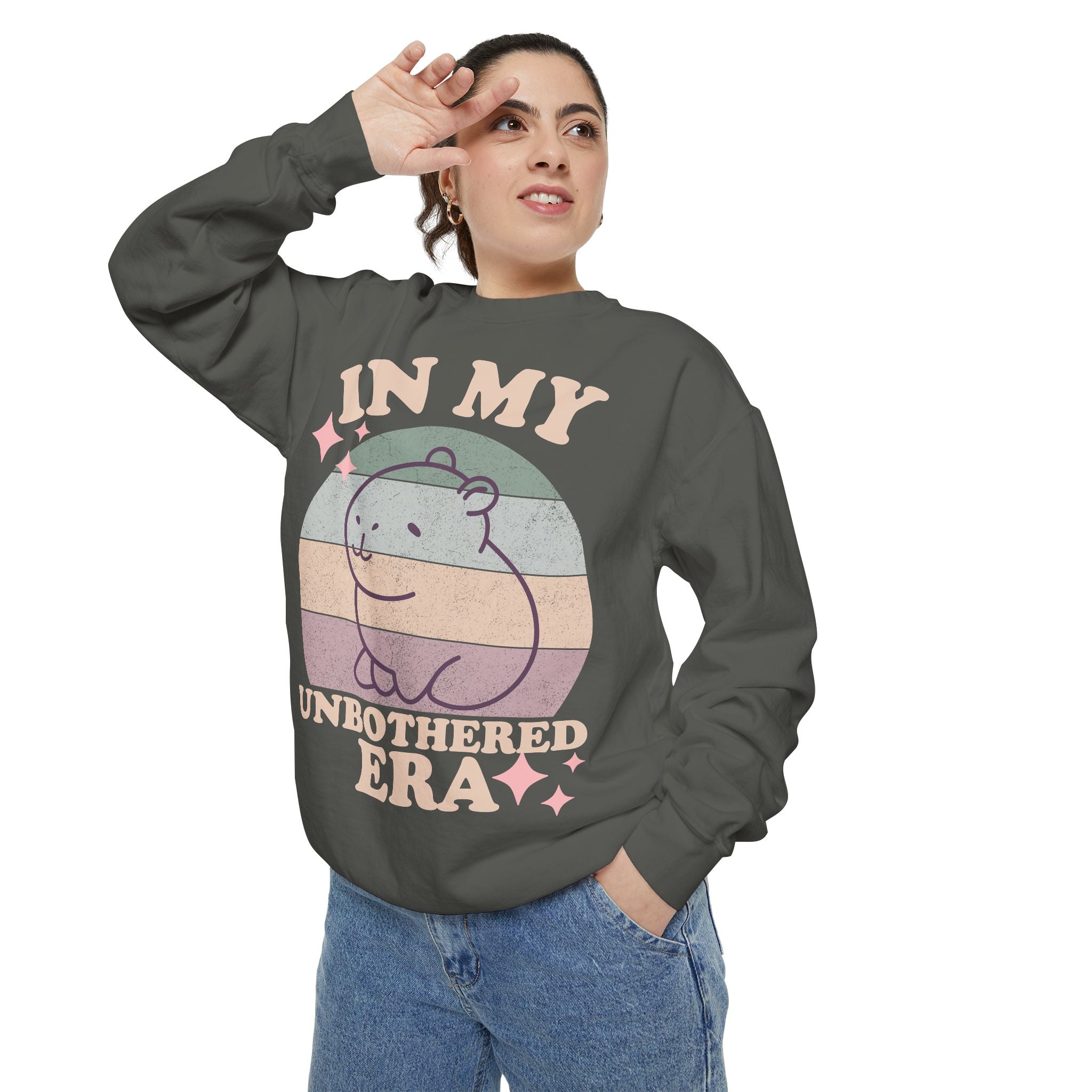 In My Unbothered Era Capybara Sweatshirt – Funny Chill Era Crewneck for Adults – Cozy Capy Life Retro Sun Design