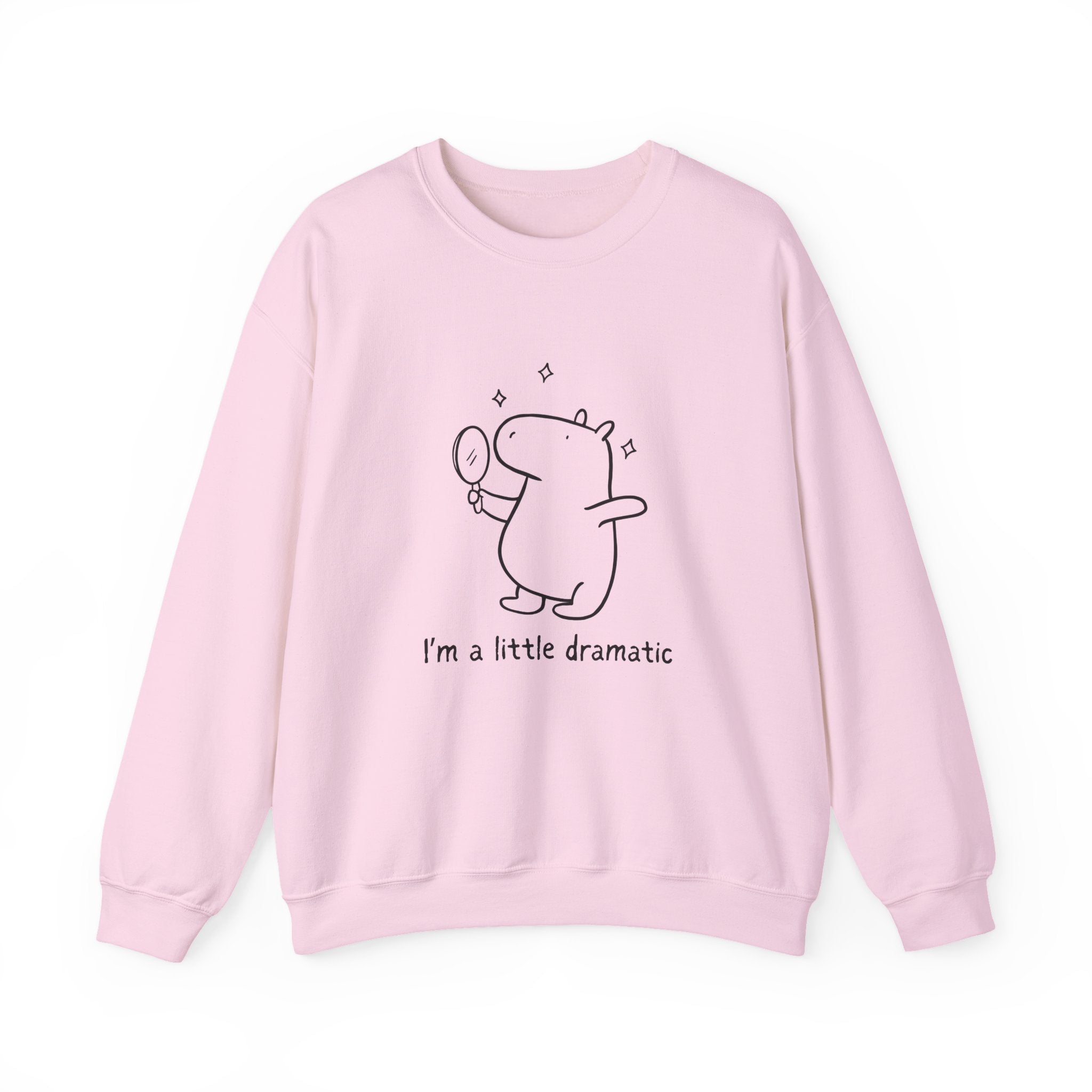 Pink sweatshirt with a cartoon capybara and text on a white background