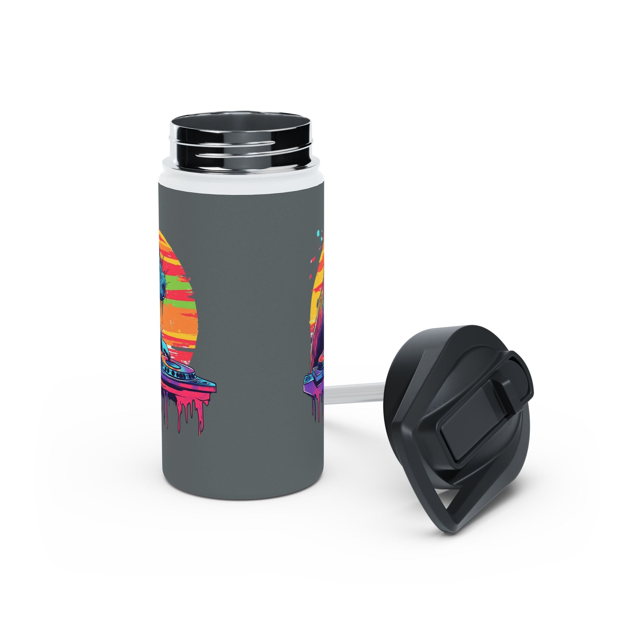Music Lover Kids Water Bottle – DJ Capybara – Drippy Sun Design – 12oz Stainless Steel Bottle – Back to School or Birthday Gift - Matching Lunchbox