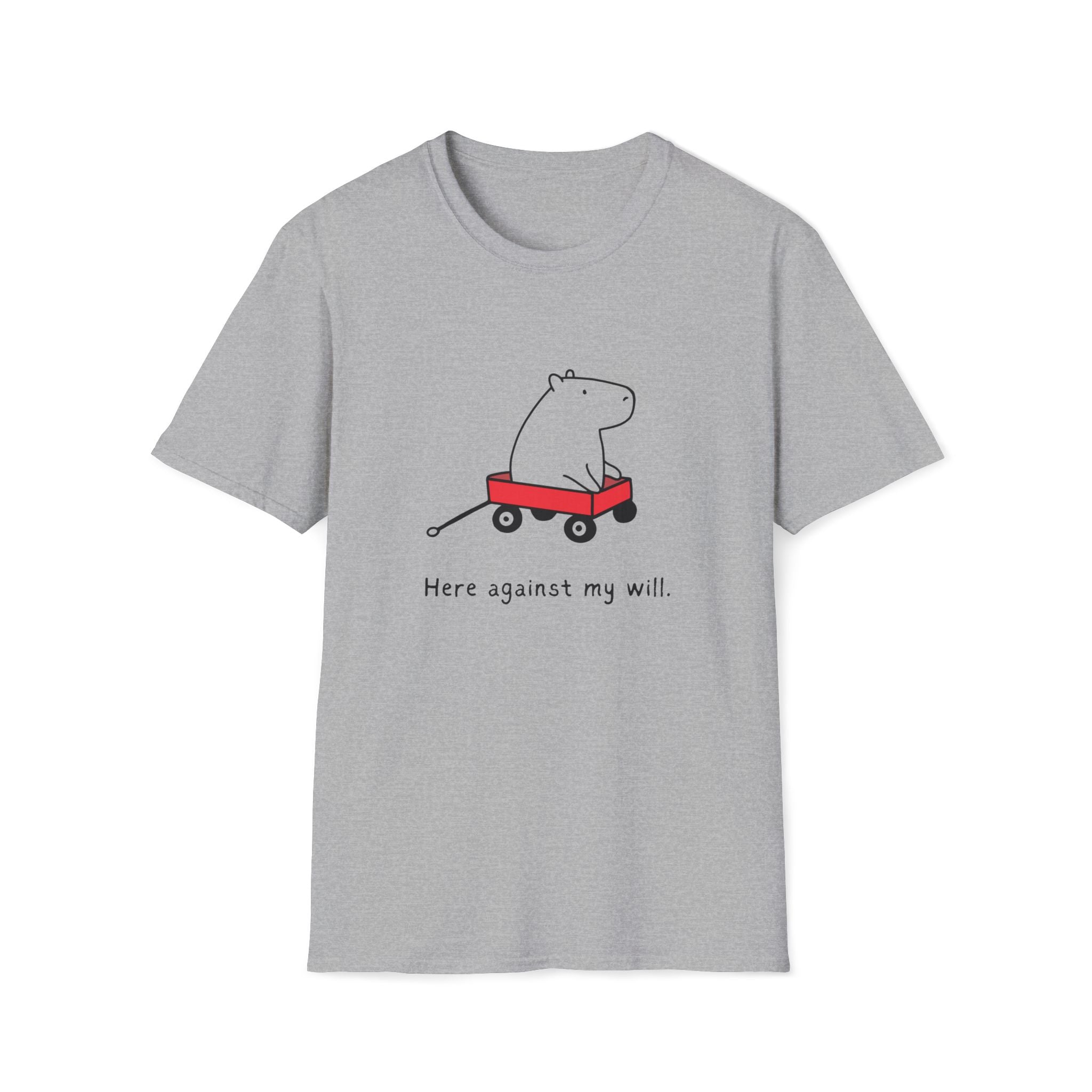 Gray t-shirt with minimalist line drawing of a capybara in a red wagon, text "Here against my will.