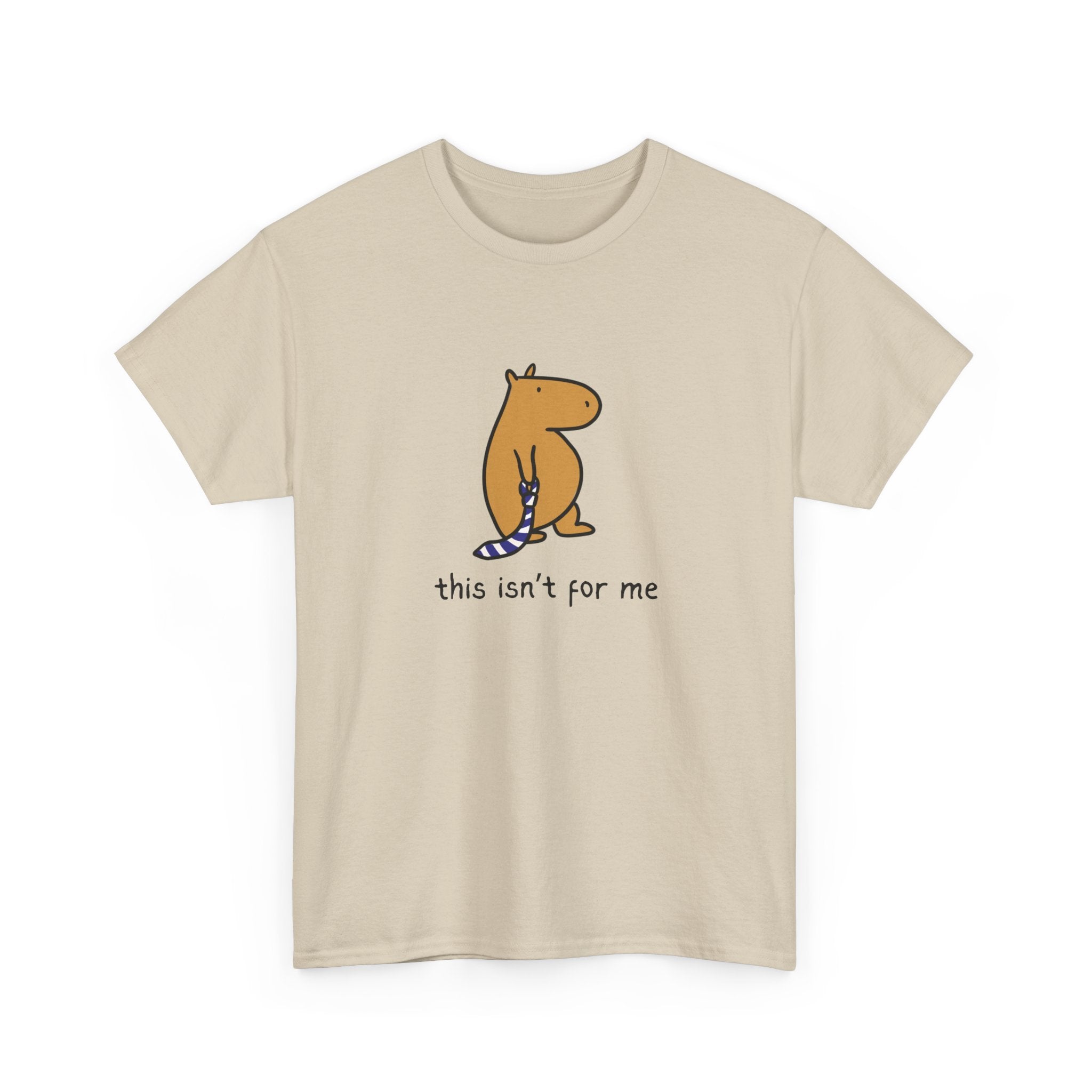 Beige t-shirt with a graphic of a capybara and text 'this isn't for me' on a neutral background