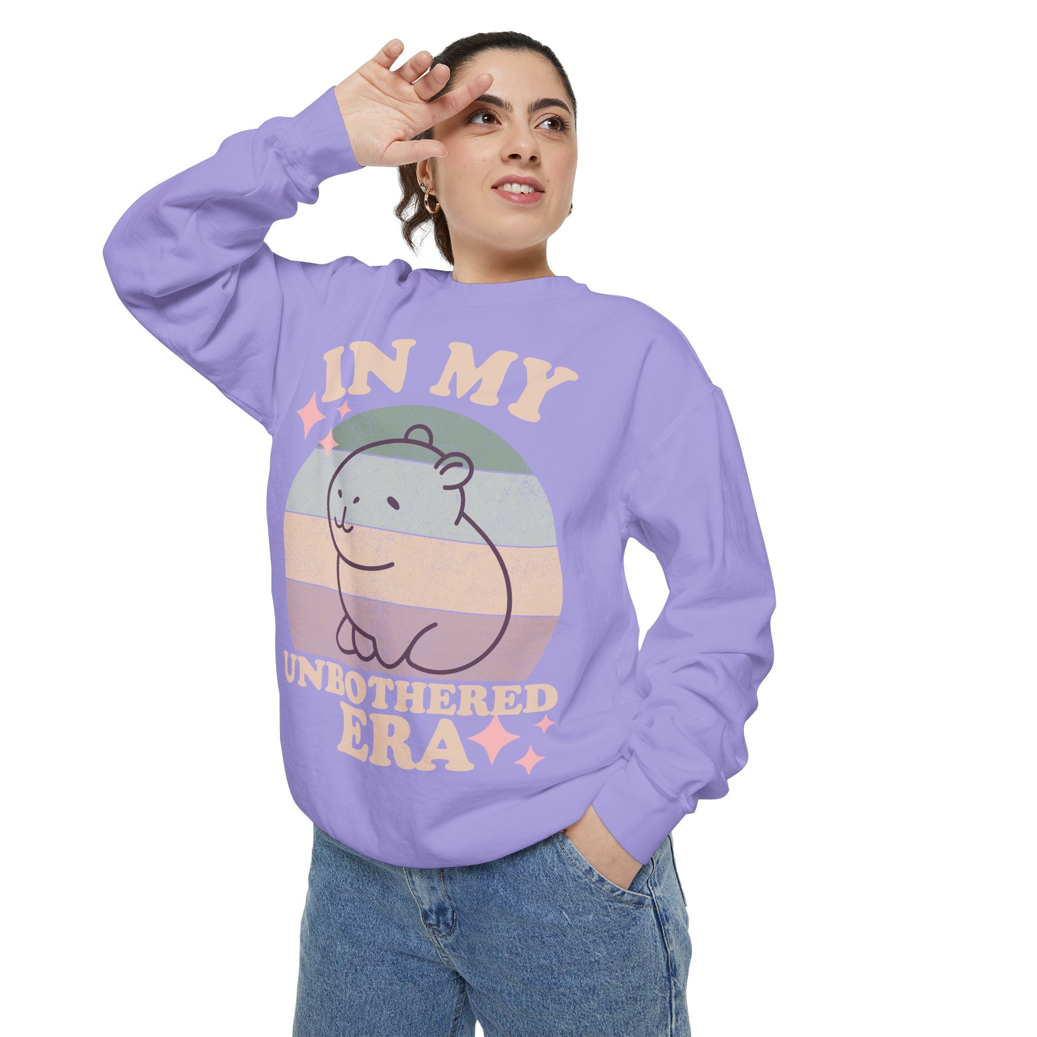 In My Unbothered Era Capybara Sweatshirt – Funny Chill Era Crewneck for Adults – Cozy Capy Life Retro Sun Design