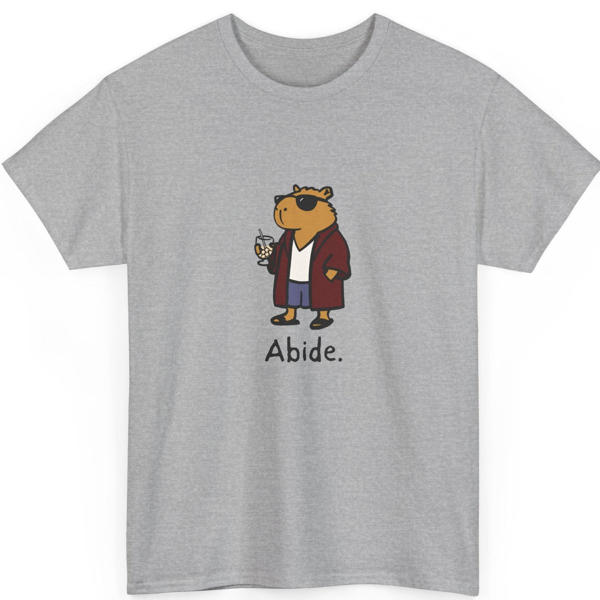Gray t-shirt with a capybara graphic and 'Abide.' text on a white background