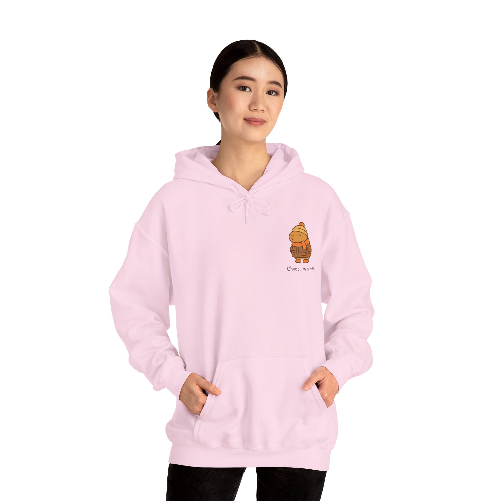 Choose Warmth Hoodie – Cute Minimal Capybara Winter Hoodie for Adults | Cozy Left-Chest Logo Sweatshirt