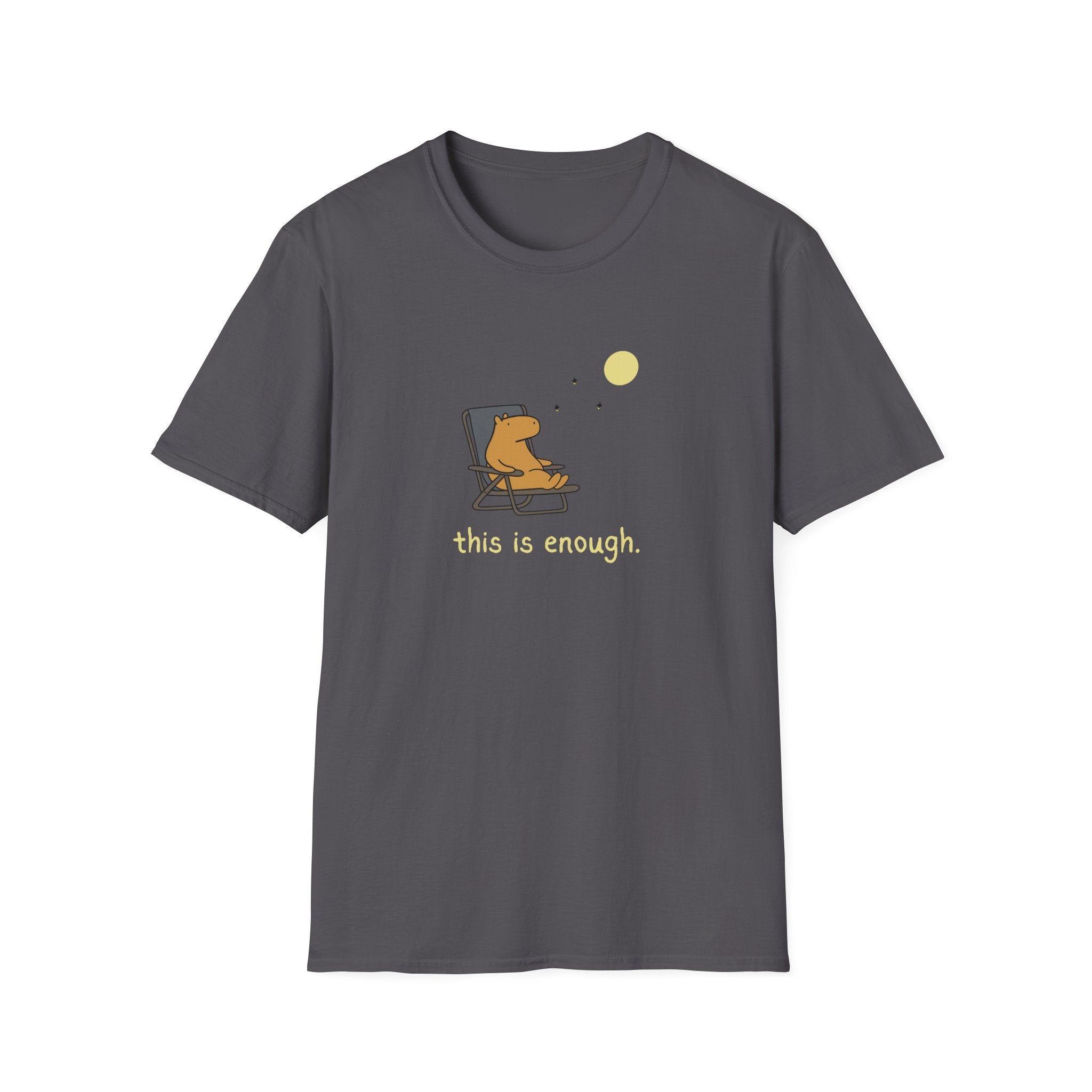 Dark gray t-shirt with a graphic of a capybara watching the moon and the text "this is enough" on a white background