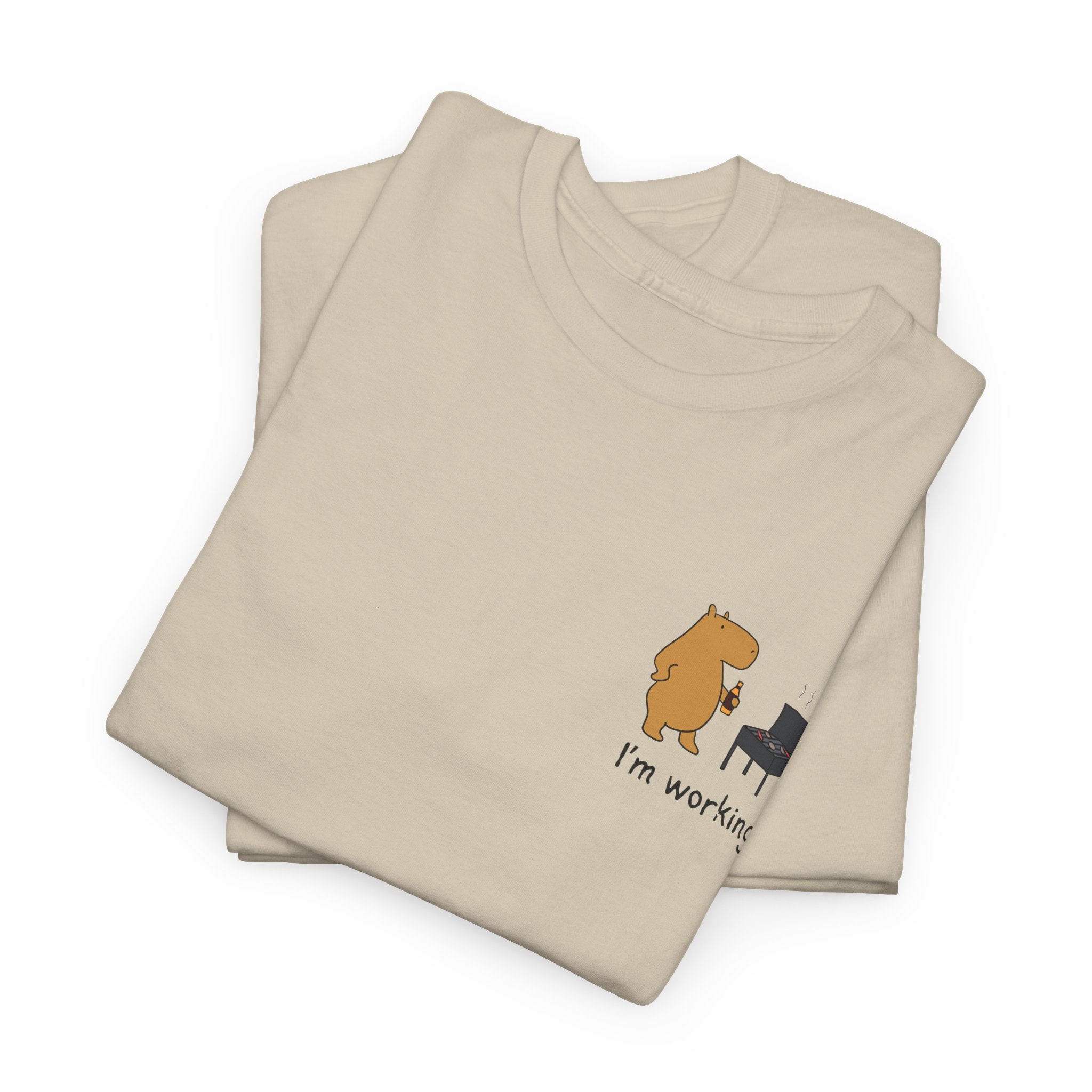 "I'm working"- Funny Grilling Capybara Left Logo Heavy Tee