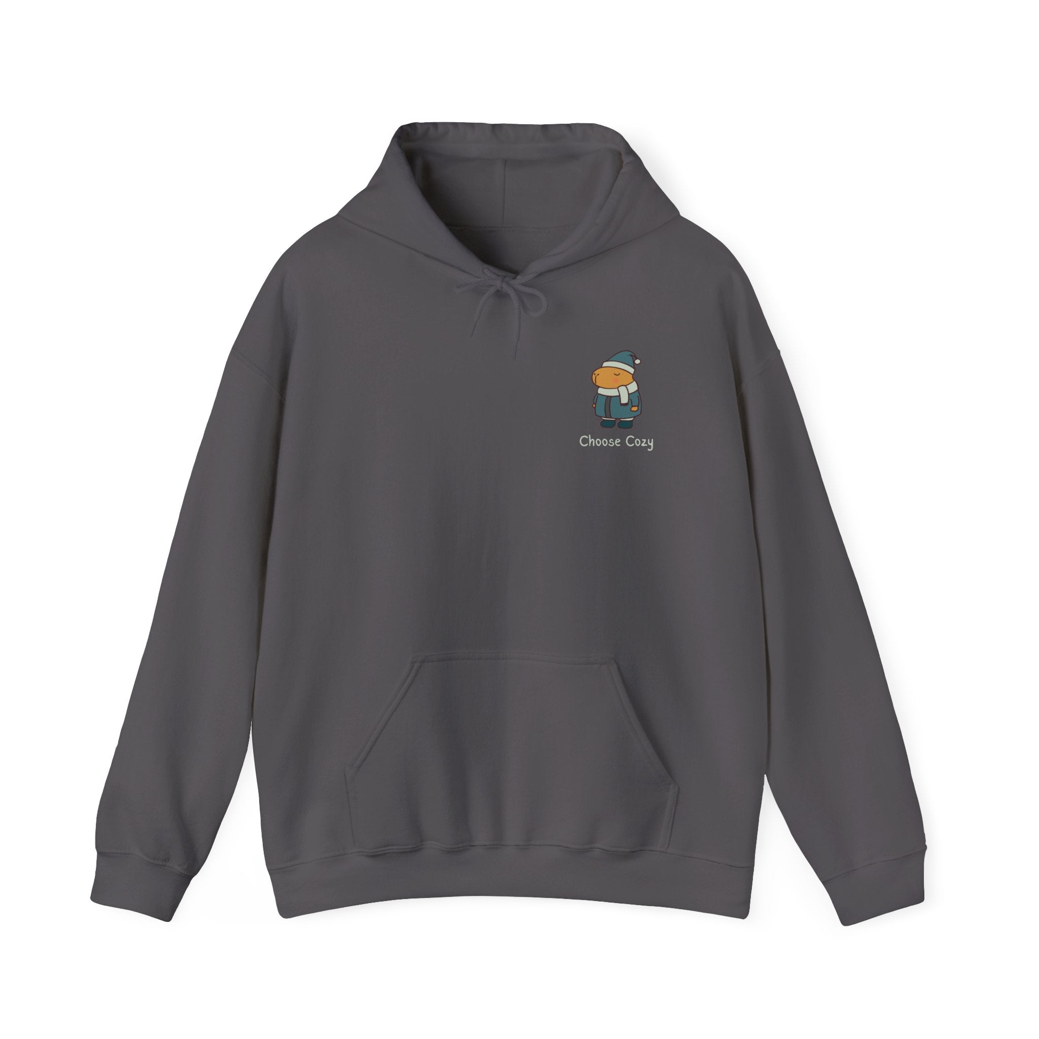 Gray hooded sweatshirt with a minimalist capybara graphic and "Choose Cozy" text on the chest