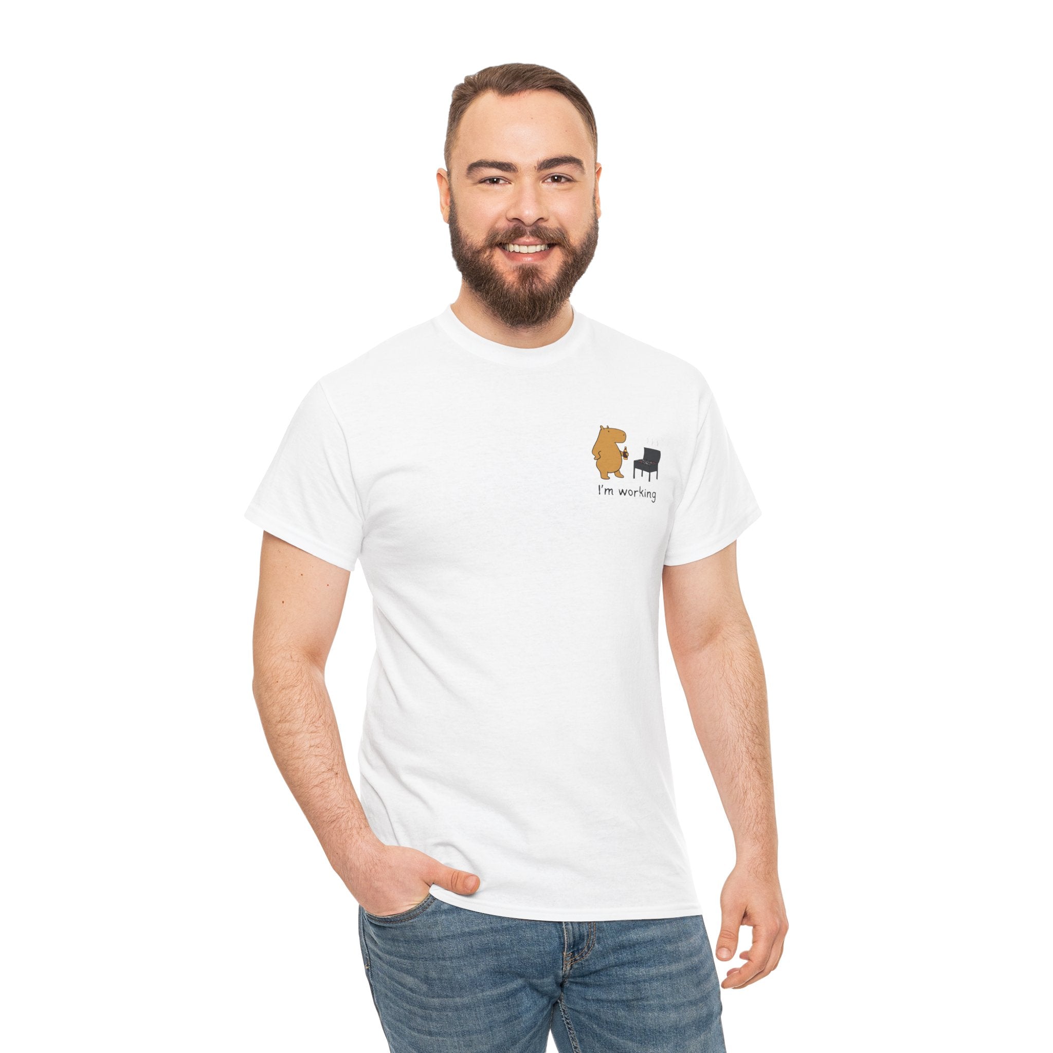 "I'm working"- Funny Grilling Capybara Left Logo Heavy Tee