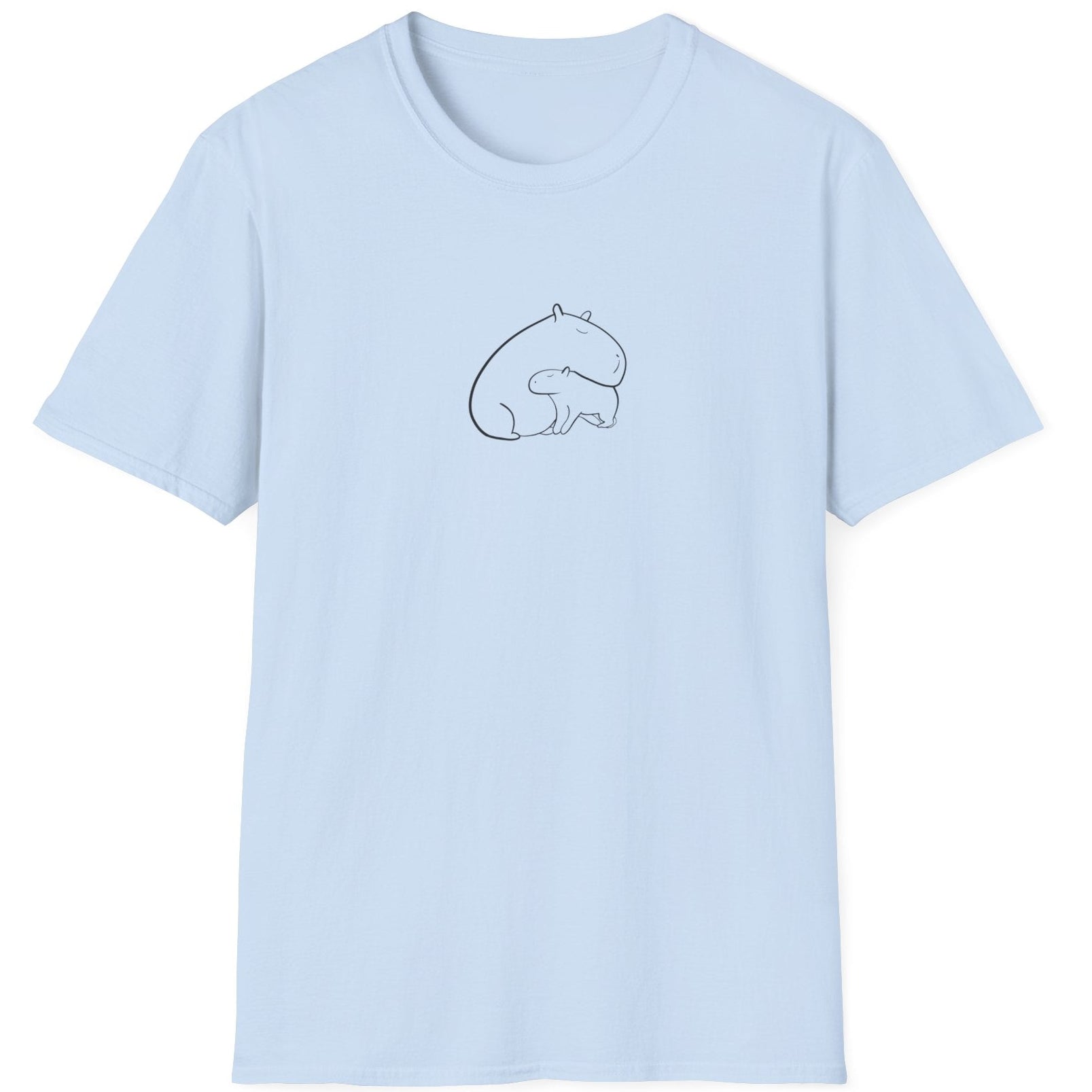Light blue shirt with two hand drawn capybaras cuddling on the front on a white background