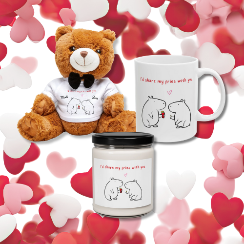 Brown teddy bear, white ceramic mug, and candle jar with heart-shaped drawings and text "I'd share my fries with you